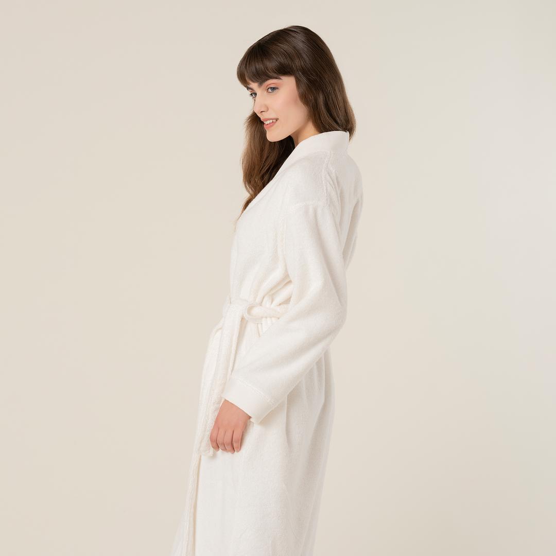 Solıd Bordürlü Pamuk %100 Pamuk Bornoz Medıum Beden Ekru