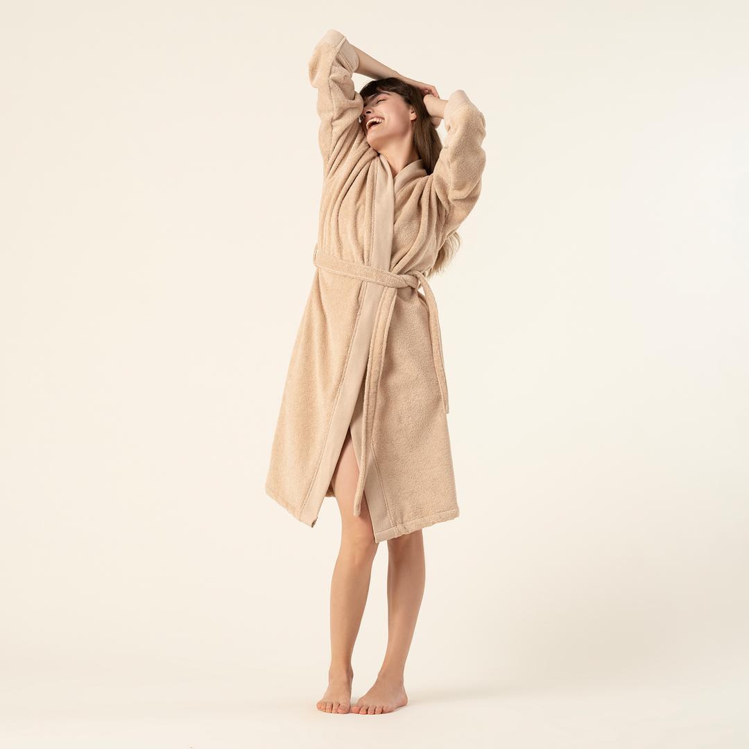 Solıd Bordürlü Pamuk %100 Pamuk Bornoz Medıum Beden Kum Rengı