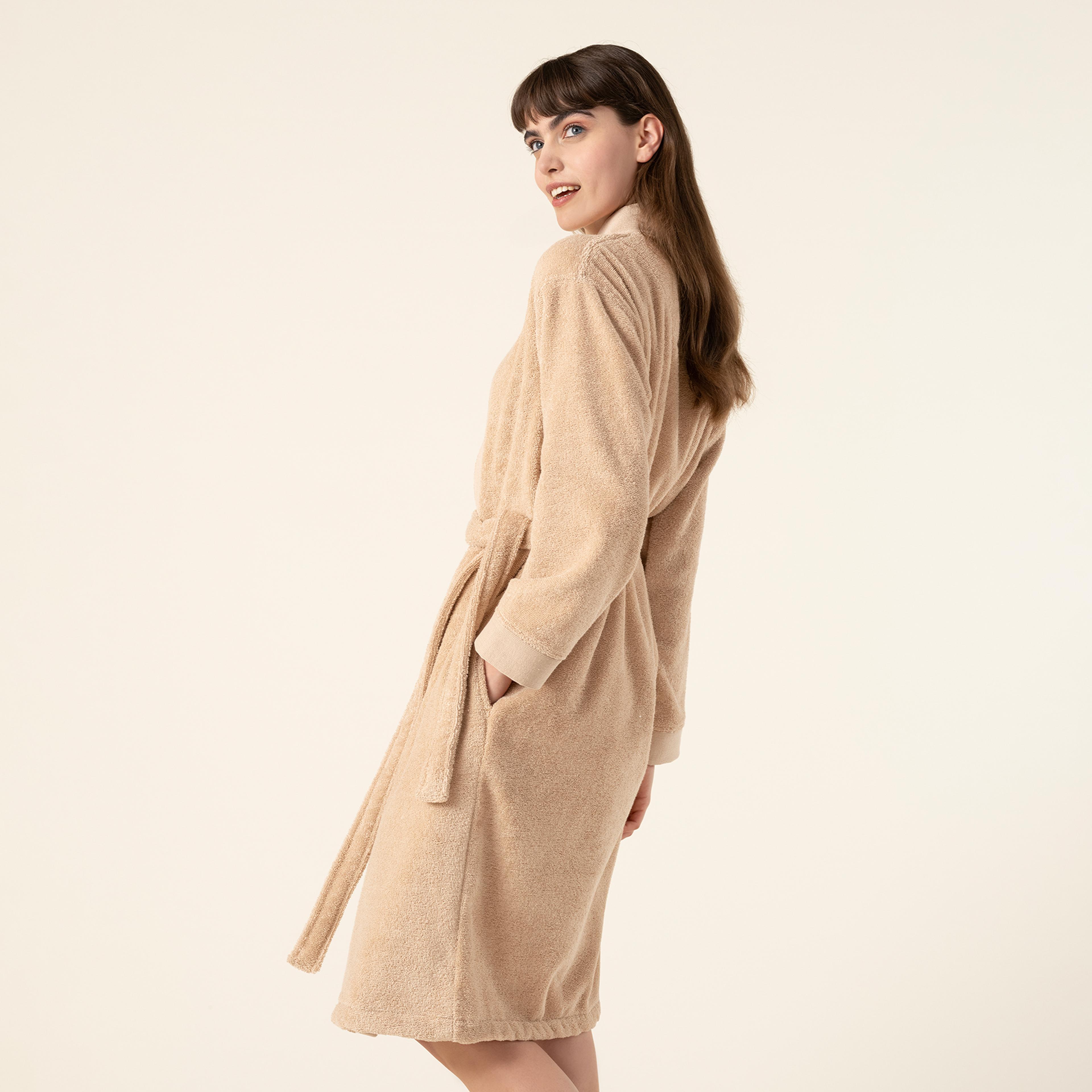 Solıd Bordürlü Pamuk %100 Pamuk Bornoz Medıum Beden Kum Rengı