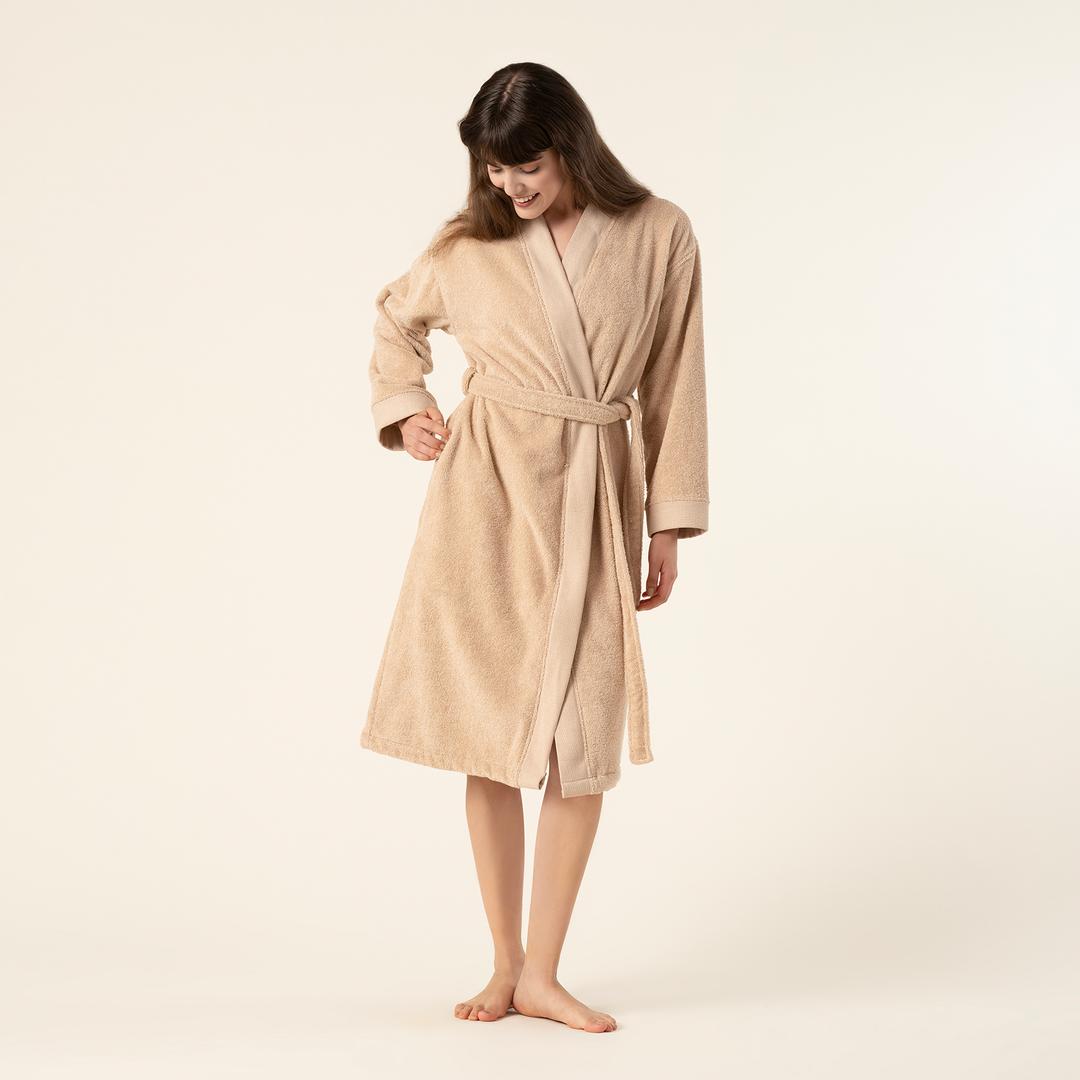 Solıd Bordürlü Pamuk %100 Pamuk Bornoz Medıum Beden Kum Rengı