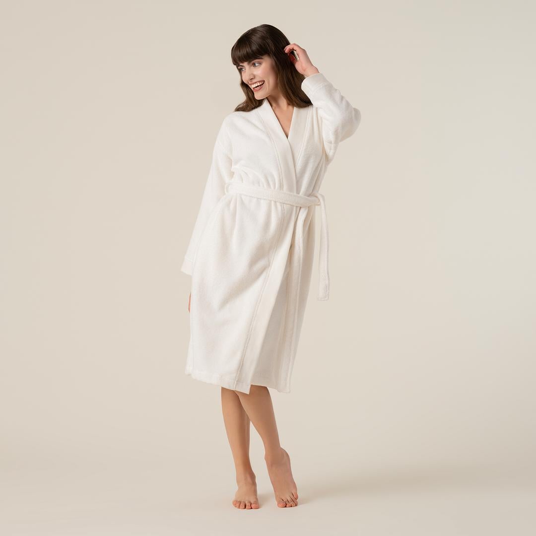 Solıd Bordürlü Pamuk %100 Pamuk Bornoz Large Beden Ekru