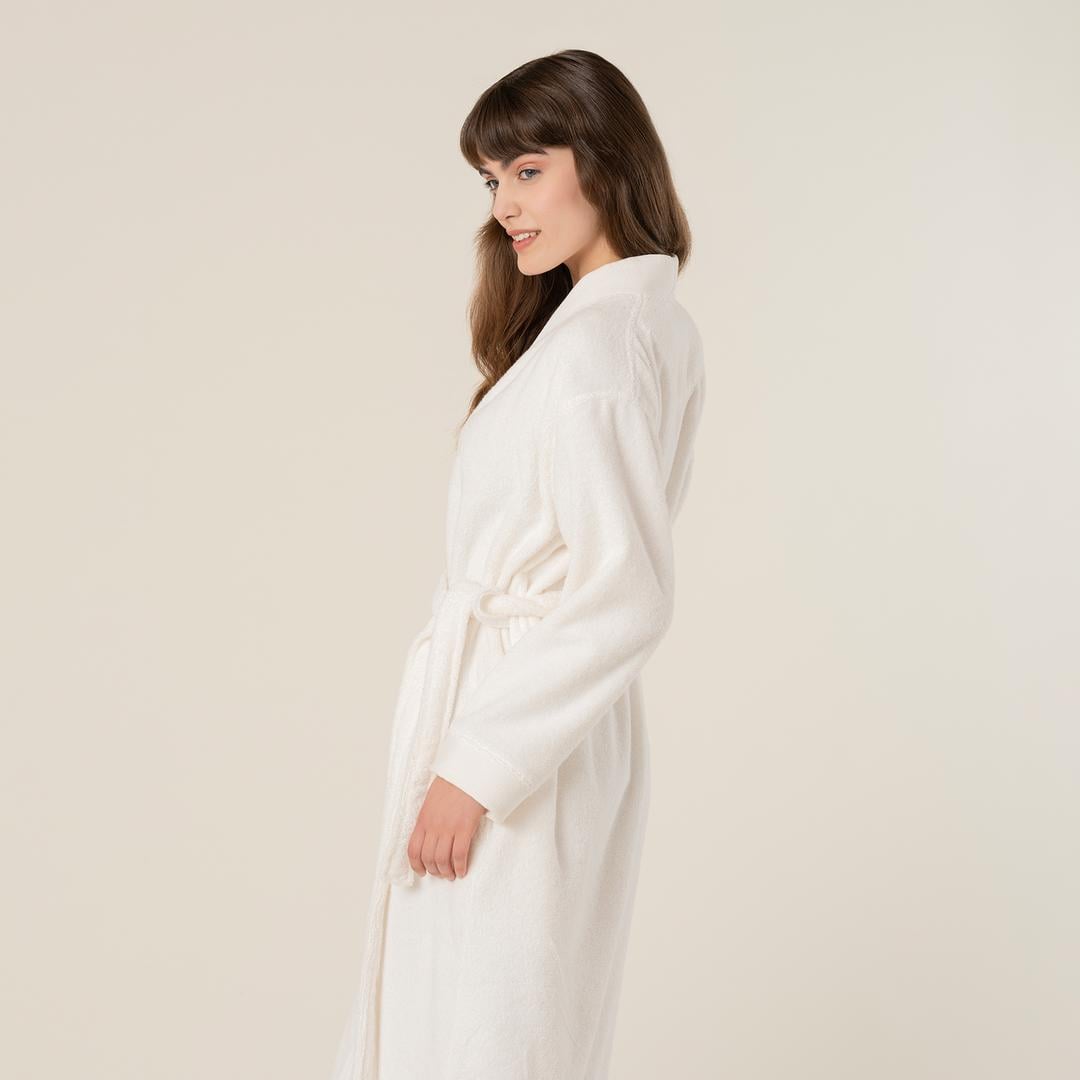 Solıd Bordürlü Pamuk %100 Pamuk Bornoz Large Beden Ekru