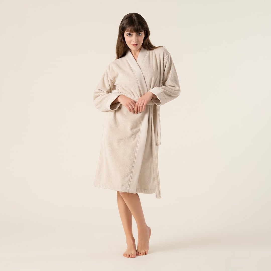 Solıd Bordürlü Pamuk %100 Pamuk Bornoz Large Beden Krem