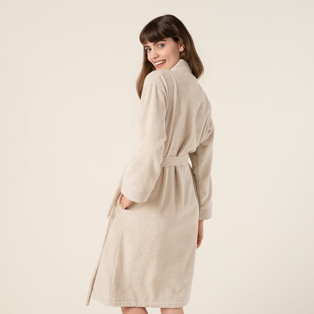 Solıd Bordürlü Pamuk %100 Pamuk Bornoz Large Beden Krem