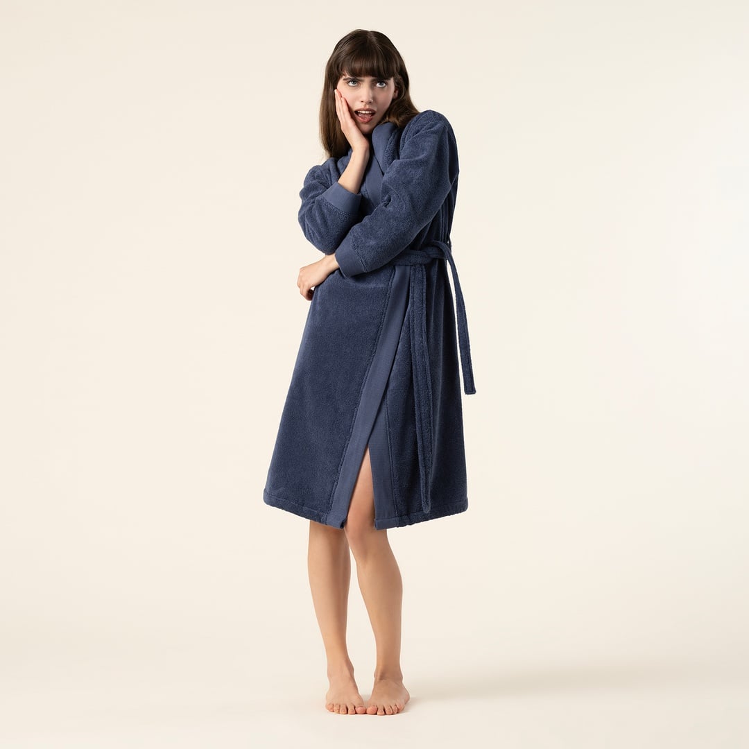 Solıd Bordürlü Pamuk %100 Pamuk Bornoz Small Beden Lacivert