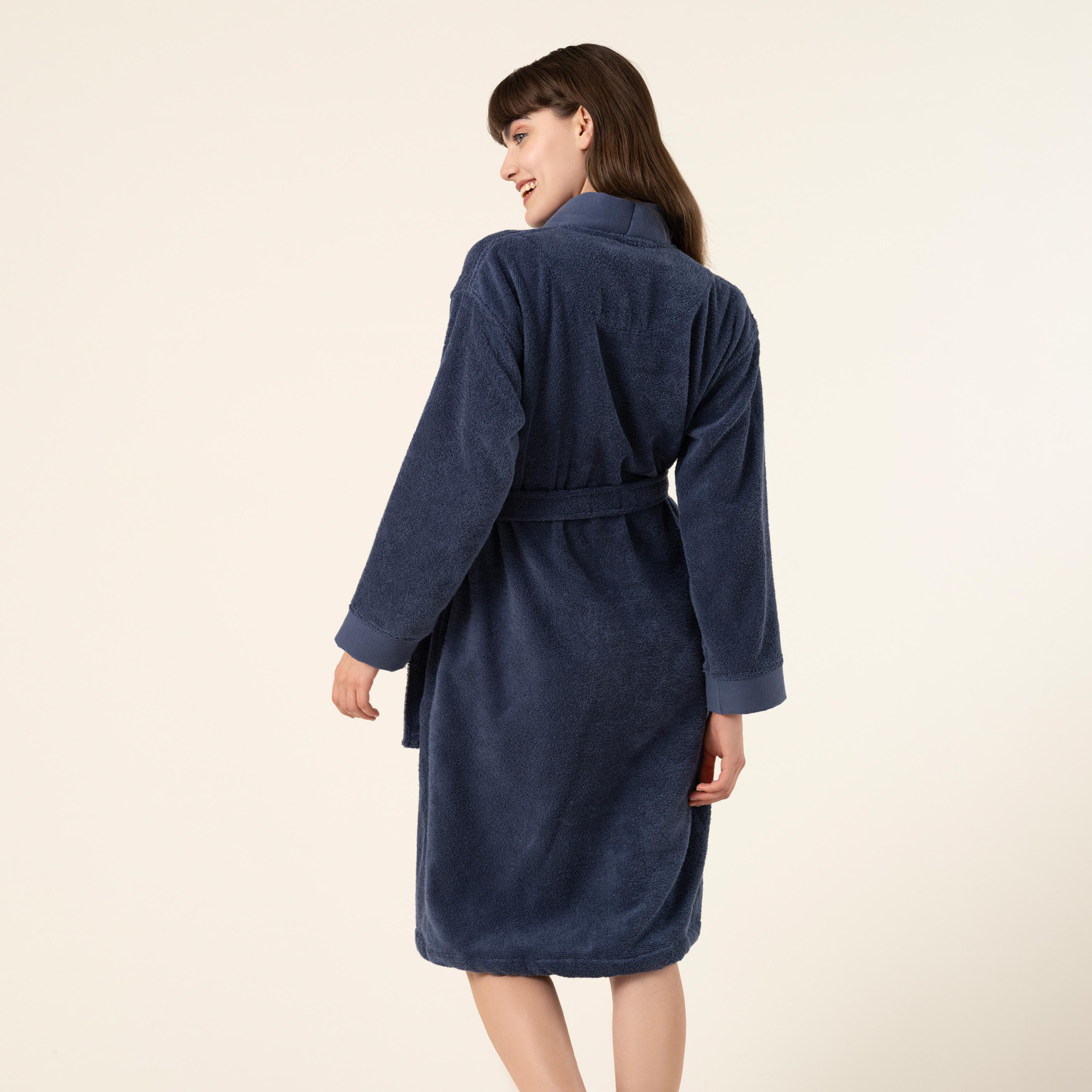 Solıd Bordürlü Pamuk %100 Pamuk Bornoz Small Beden Lacivert