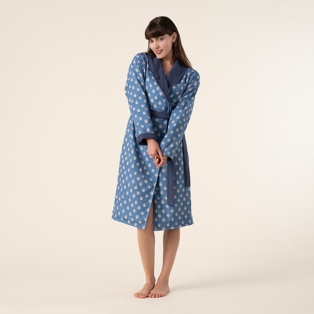 Tabea Şal Yaka Müslin Pamuk %100 Pamuk Bornoz Small Beden Mavi