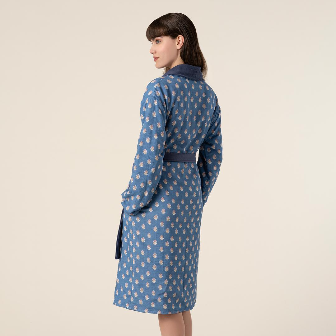 Tabea Şal Yaka Müslin %100 Pamuk Bornoz Large Beden Mavi