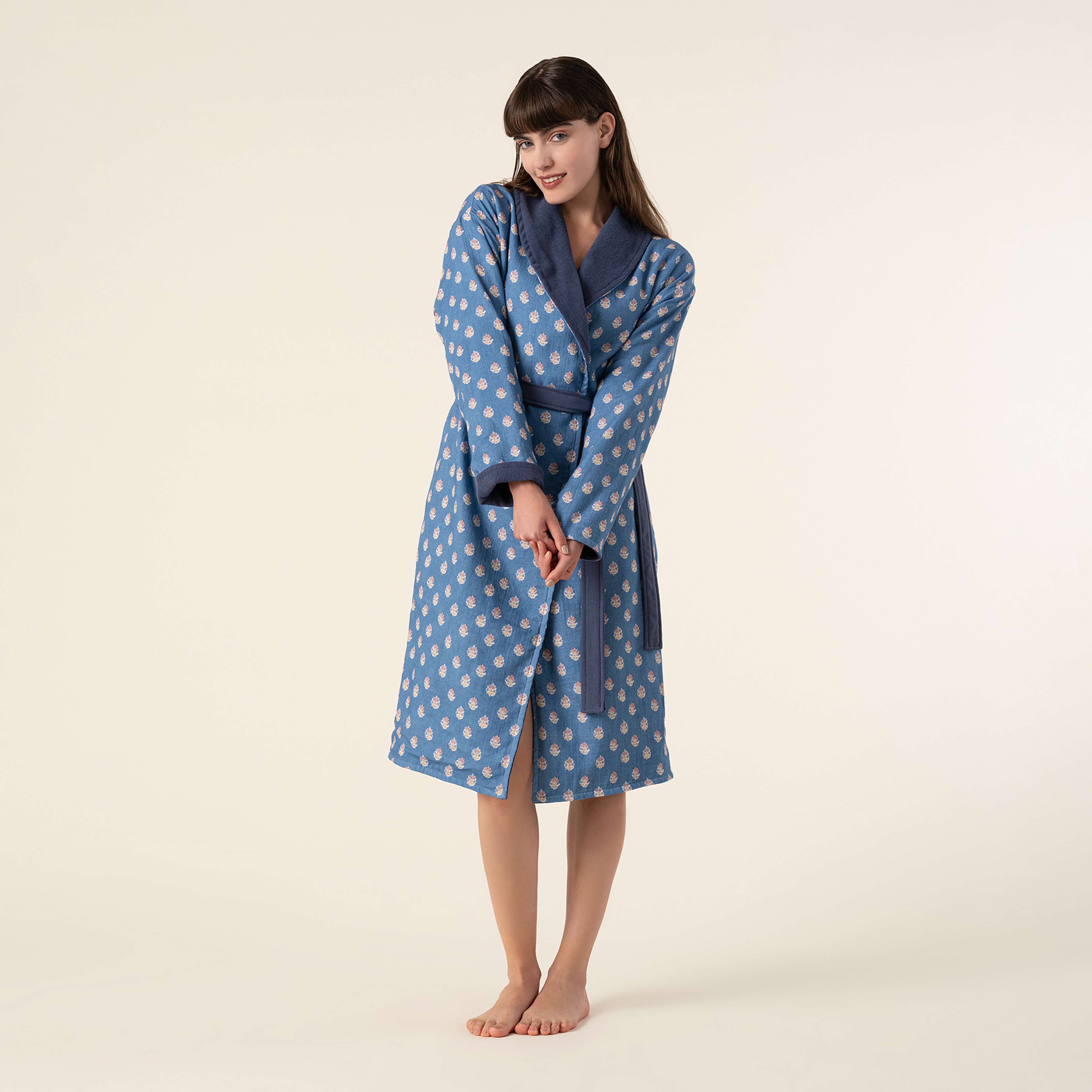 Tabea Şal Yaka Müslin Pamuk %100 Pamuk Bornoz Xlarge Beden Mavi