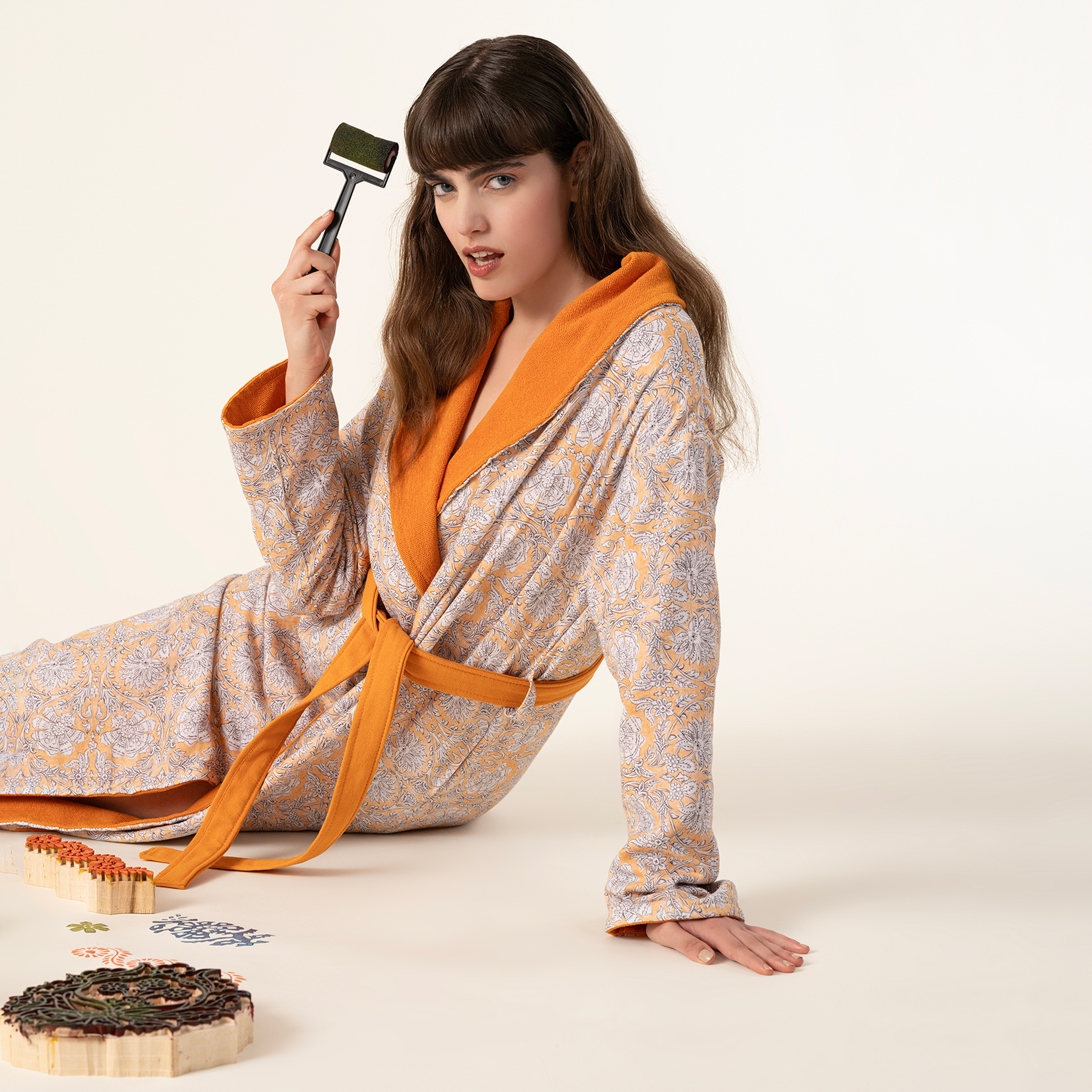 Tabea Şal Yaka Müslin %100 Pamuk Bornoz Large Beden Turuncu