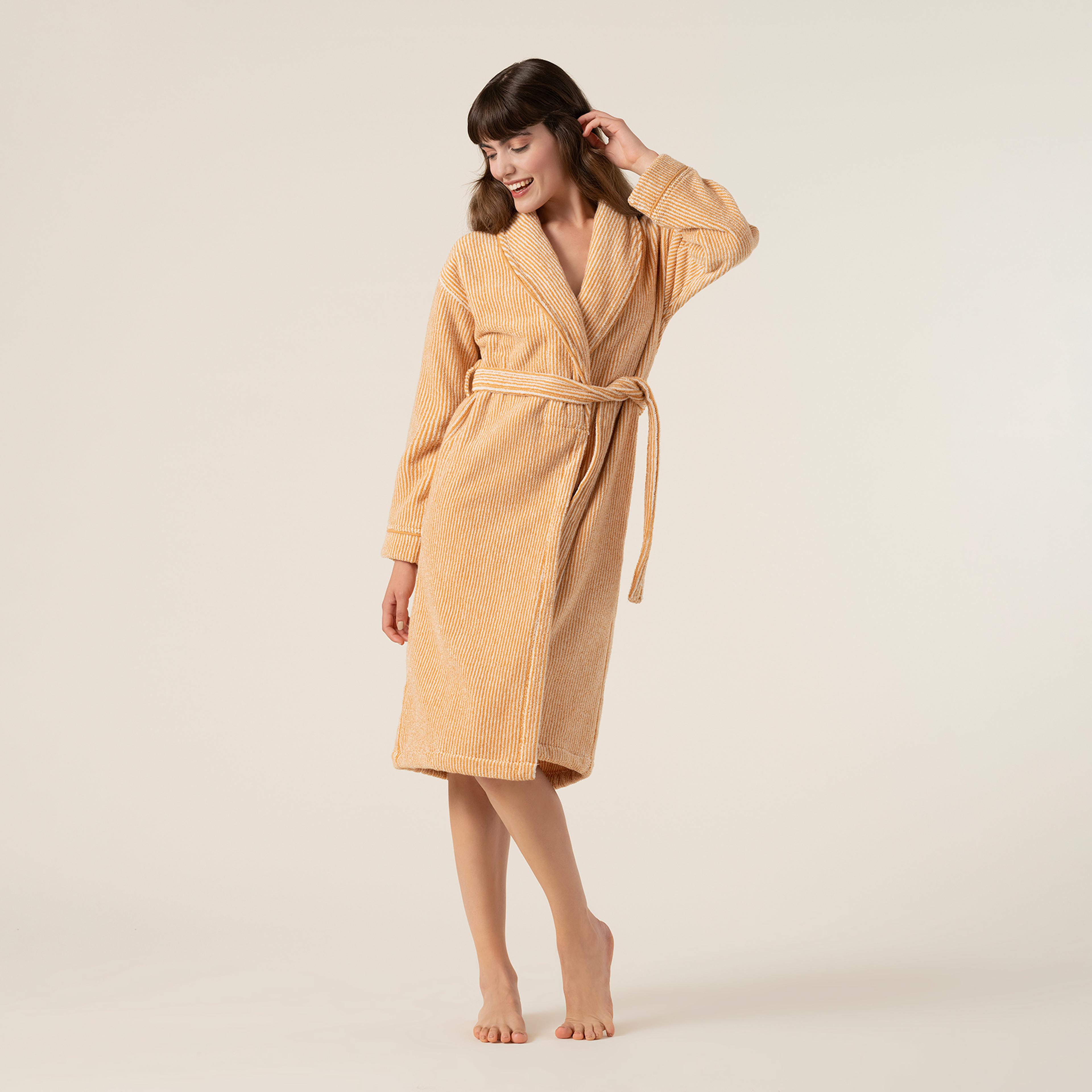 Solıd İplik Boyalı Çizgili Pamuk %100 Pamuk Bornoz Xlarge Beden Natürel-tarçın