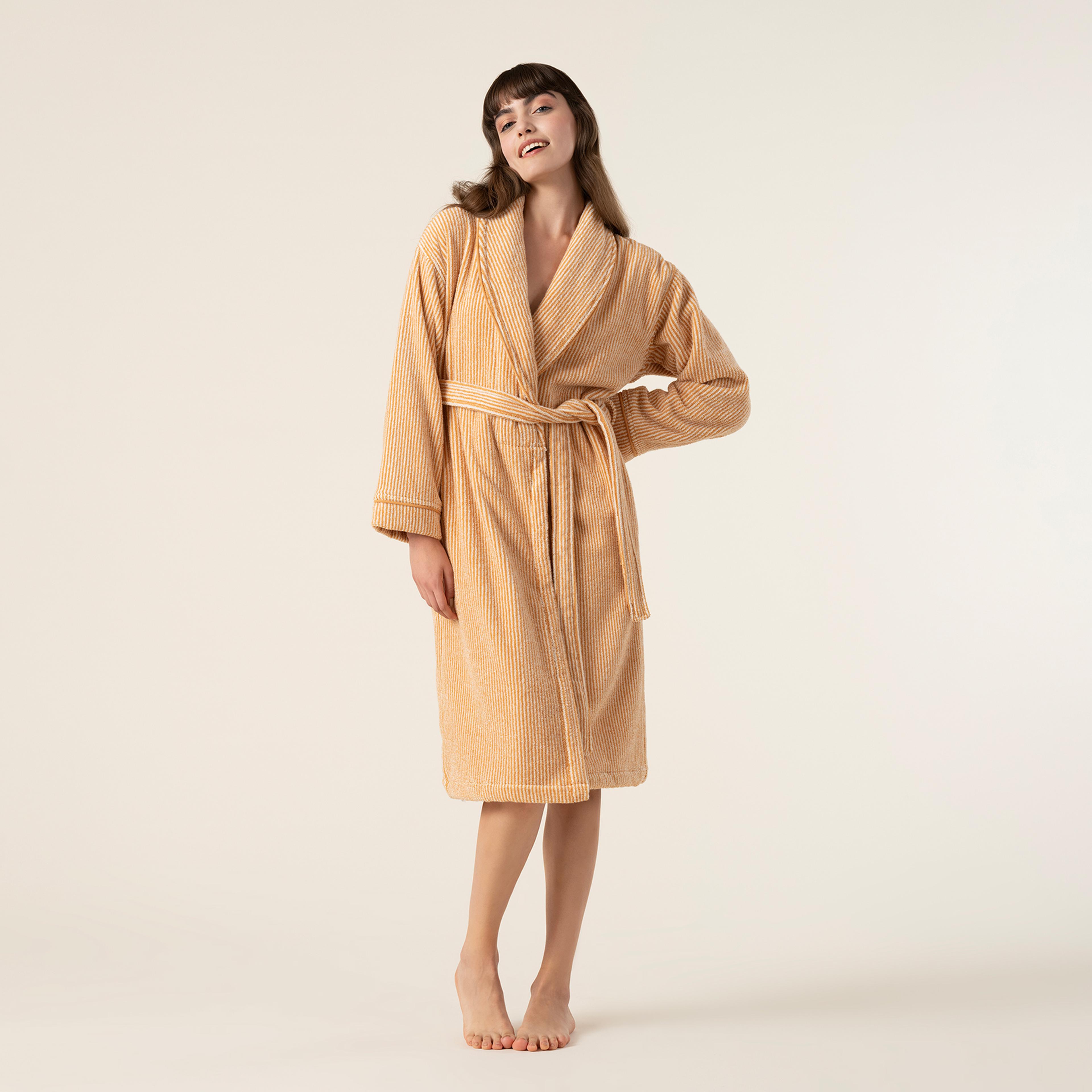 Solıd İplik Boyalı Çizgili Pamuk %100 Pamuk Bornoz Xlarge Beden Natürel-tarçın