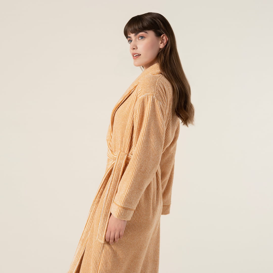 Solıd İplik Boyalı Çizgili Pamuk %100 Pamuk Bornoz Xlarge Beden Natürel-tarçın