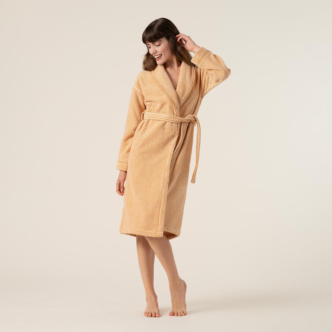 Solıd İplik Boyalı Çizgili Pamuk %100 Pamuk Bornoz Small Beden Natürel - Tarçın