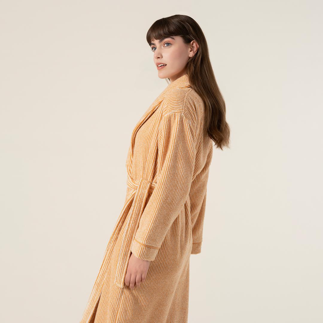 Solıd İplik Boyalı Çizgili Pamuk %100 Pamuk Bornoz Small Beden Natürel - Tarçın