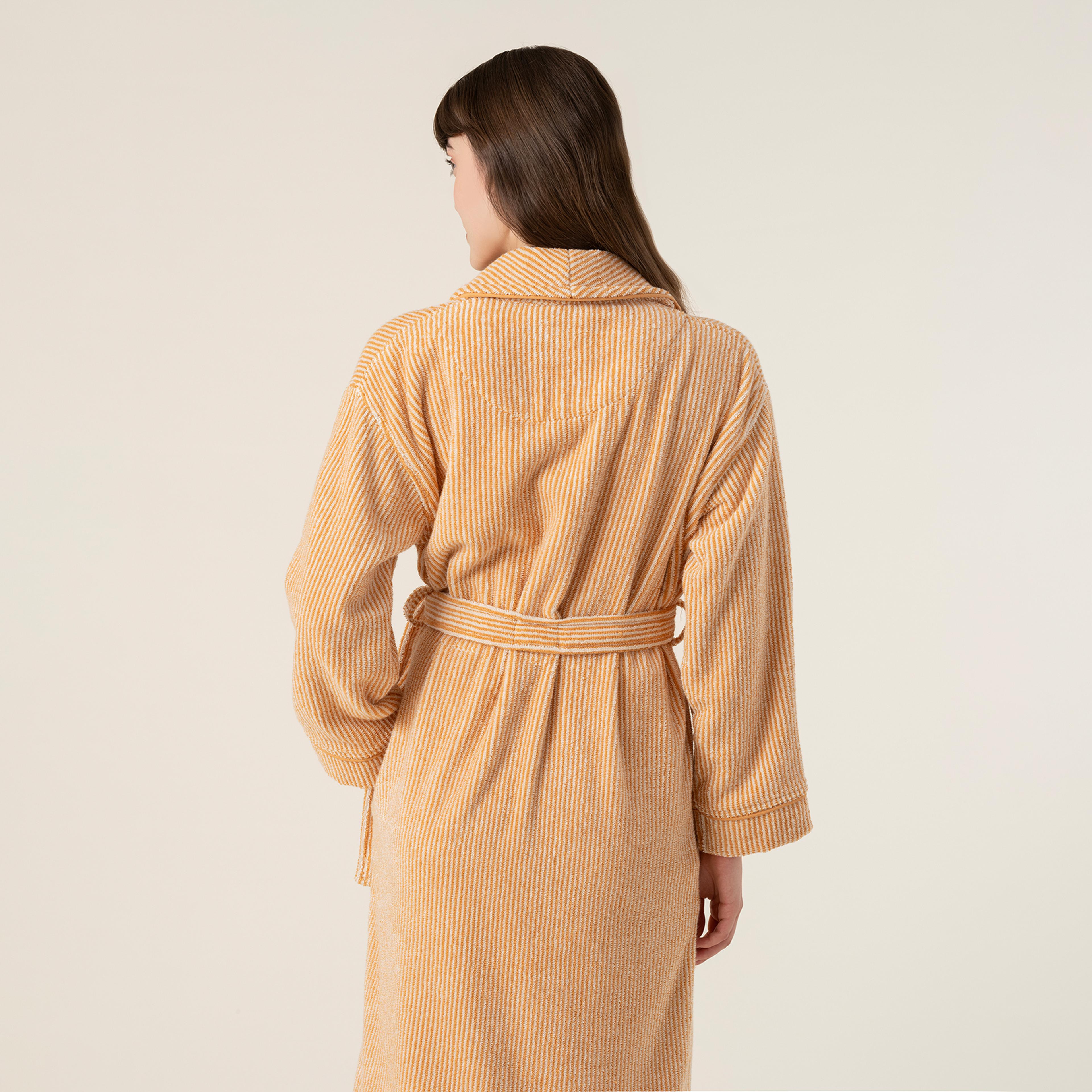 Solıd İplik Boyalı Çizgili Pamuk %100 Pamuk Bornoz Small Beden Natürel - Tarçın