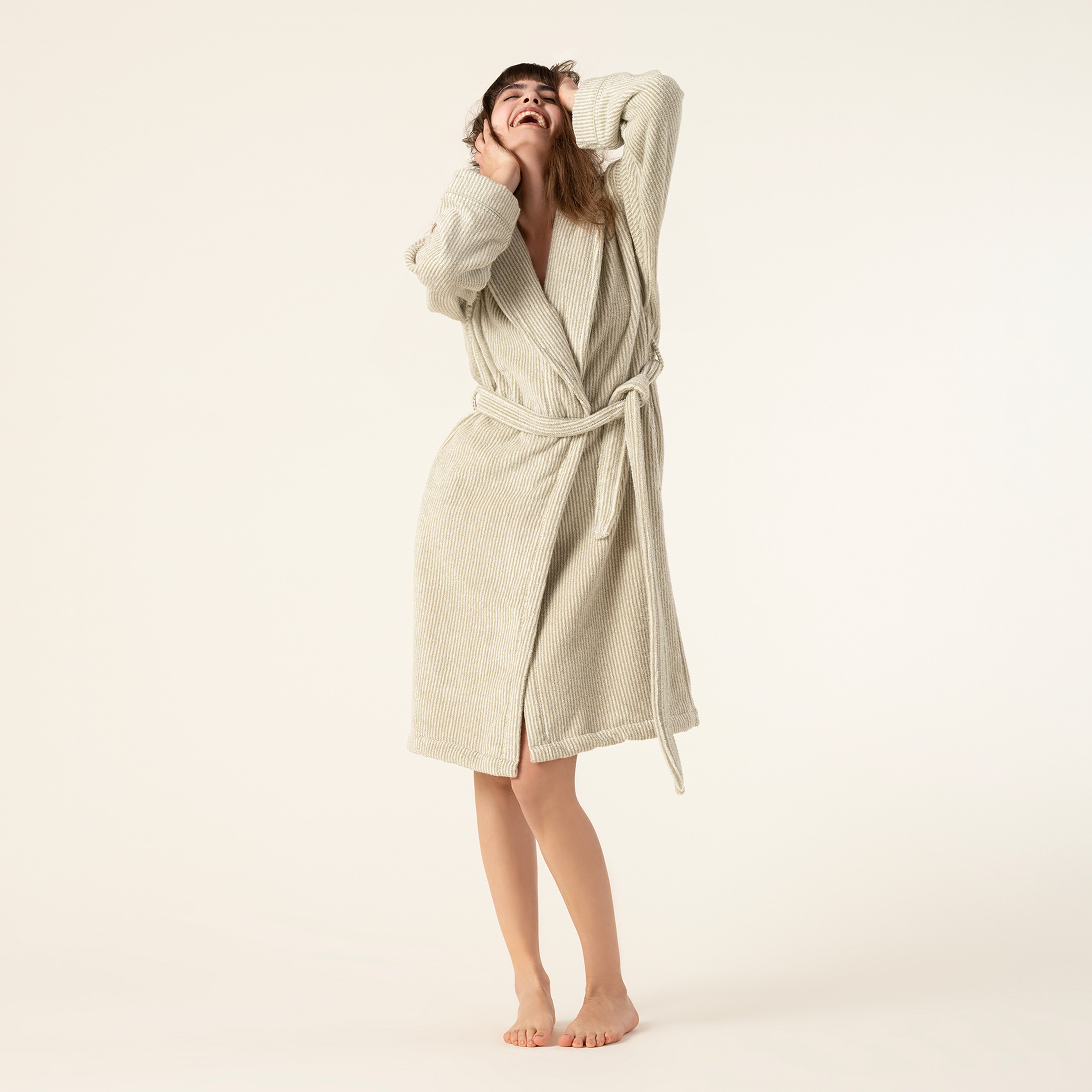 Solıd İplik Boyalı Çizgili Pamuk %100 Pamuk Bornoz Large Beden Natürel - Yeşil