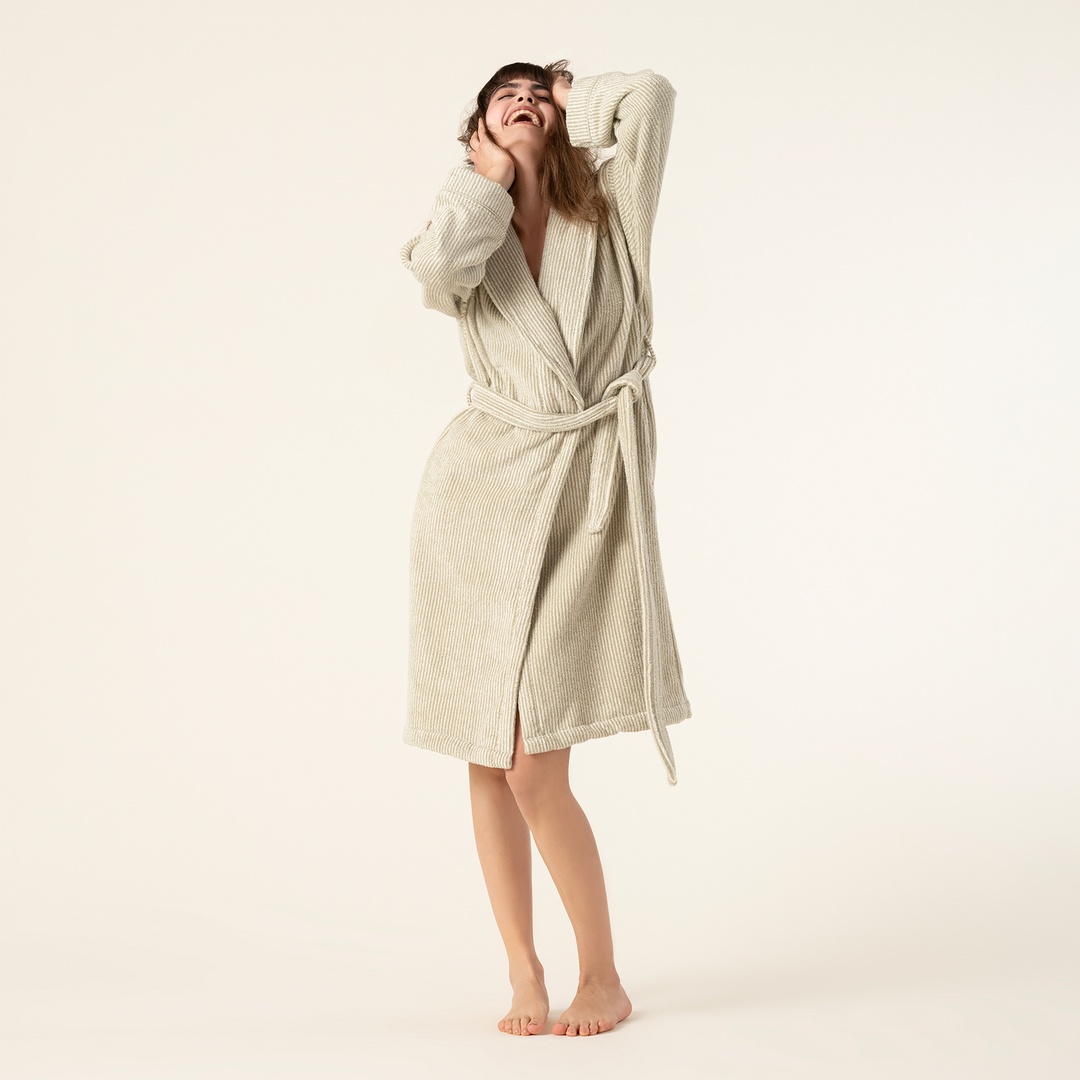 Solıd İplik Boyalı Çizgili Pamuk %100 Pamuk Bornoz Medıum Beden Natürel - Yeşil