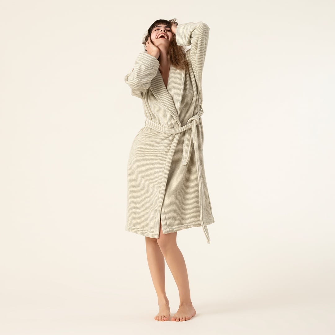 Solıd İplik Boyalı Çizgili Pamuk %100 Pamuk Bornoz Xlarge Beden Natürel/yeşil