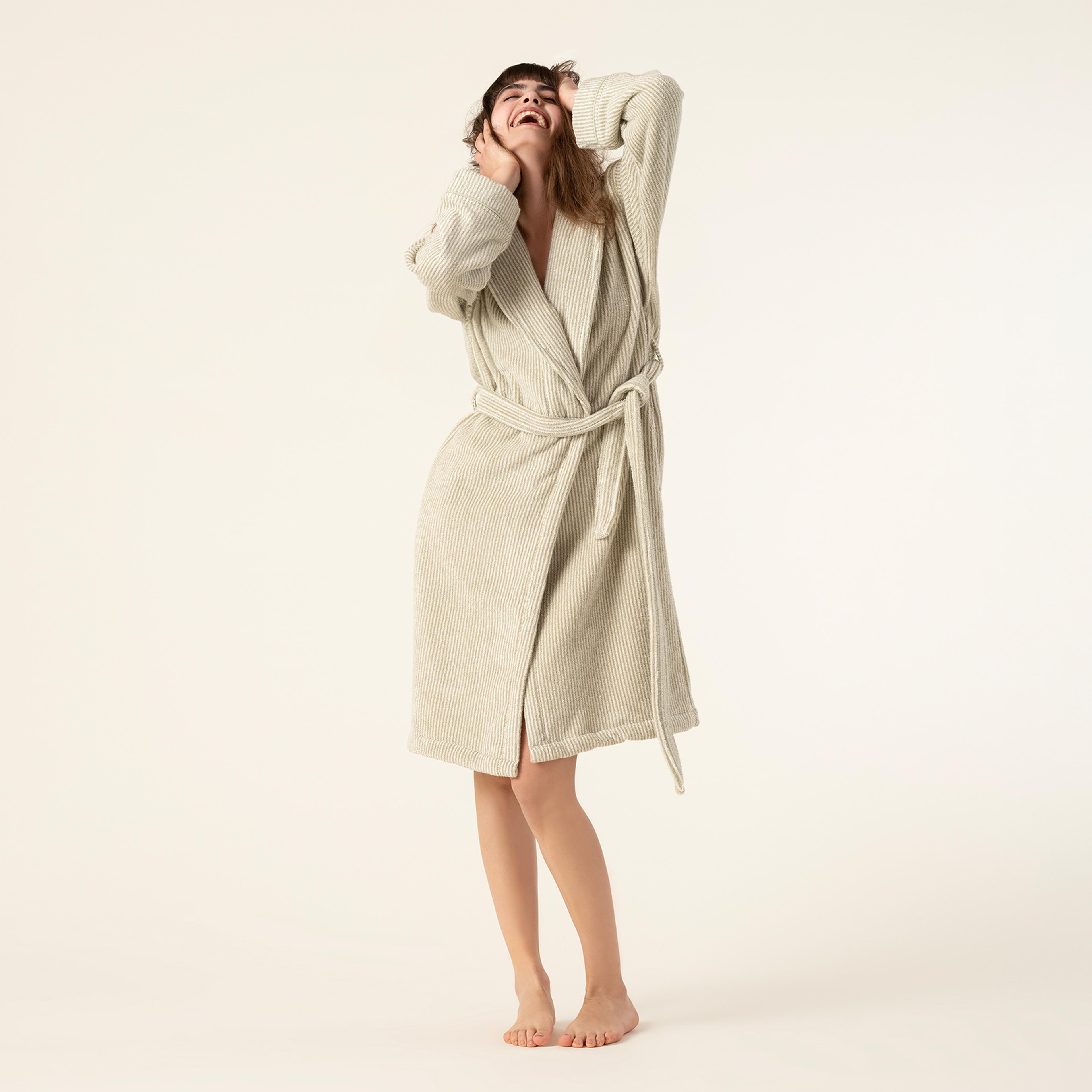 Solıd İplik Boyalı Çizgili Pamuk %100 Pamuk Bornoz Xlarge Beden Natürel/yeşil