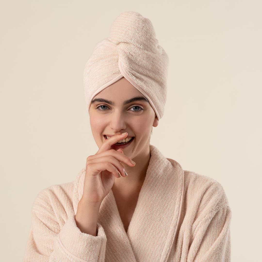 Solıd İplik Boyalı Çizgili Pamuk %100 Pamuk Saç Havlusu Standart Beden Natürel - Pembe