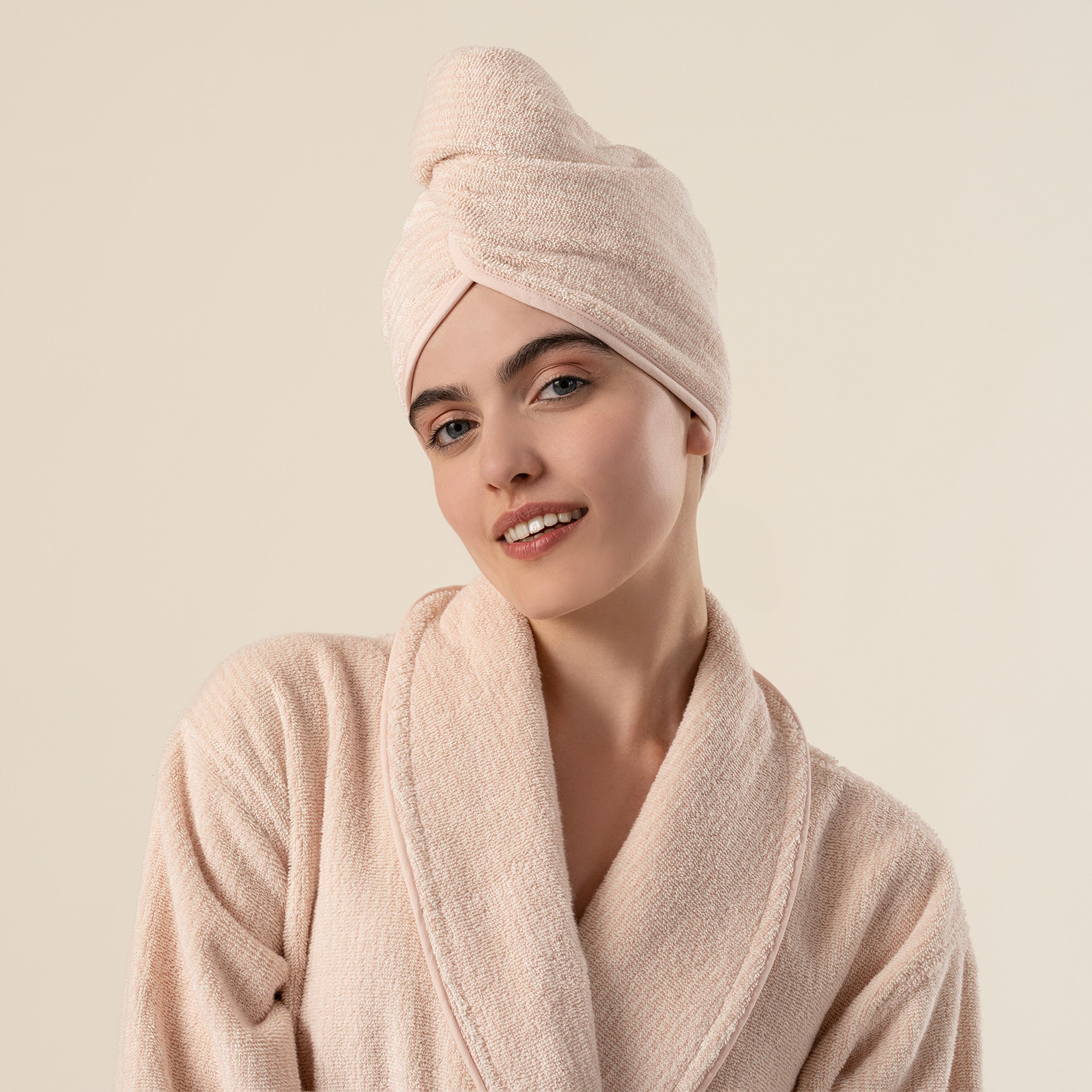 Solıd İplik Boyalı Çizgili Pamuk %100 Pamuk Saç Havlusu Standart Beden Natürel - Pembe