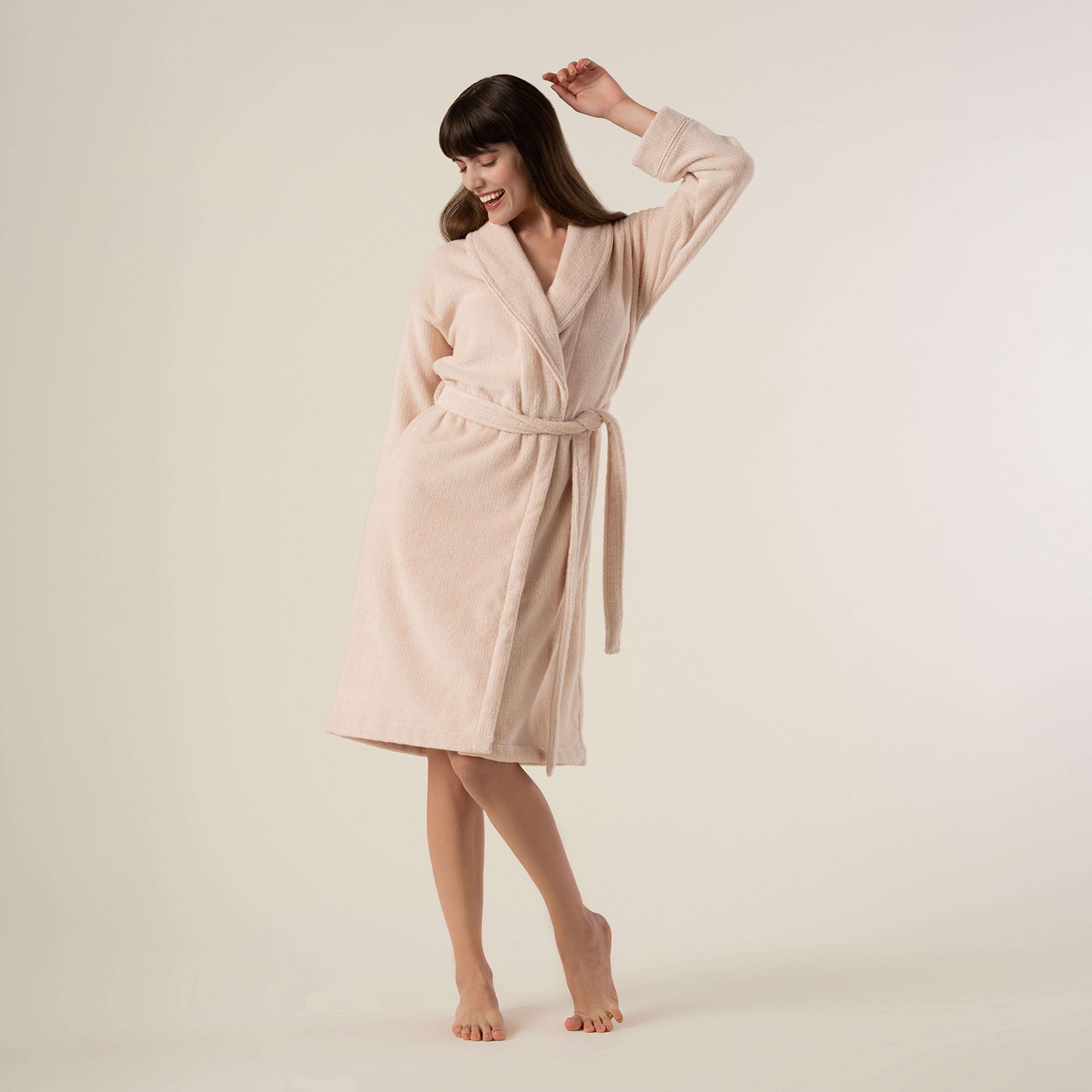 Solıd İplik Boyalı Çizgili Pamuk %100 Pamuk Bornoz Small Beden Natürel - Pembe