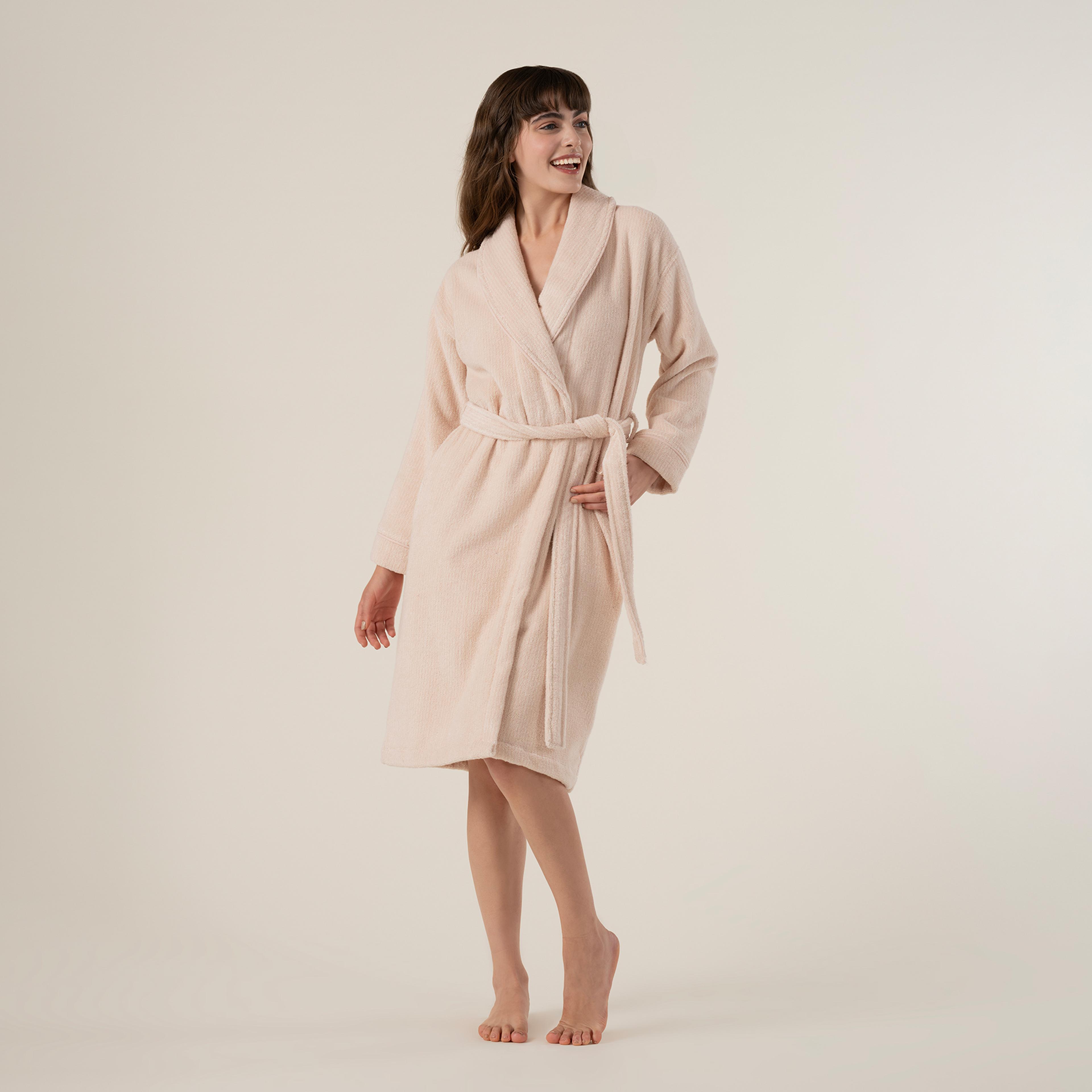 Solıd İplik Boyalı Çizgili Pamuk %100 Pamuk Bornoz Small Beden Natürel - Pembe