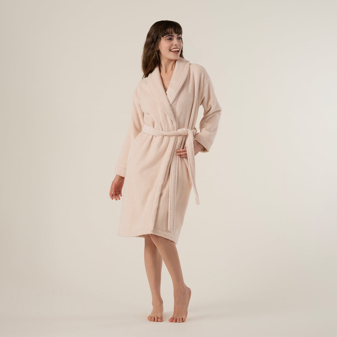 Solıd İplik Boyalı Çizgili Pamuk %100 Pamuk Bornoz Medıum Beden Natürel - Pembe