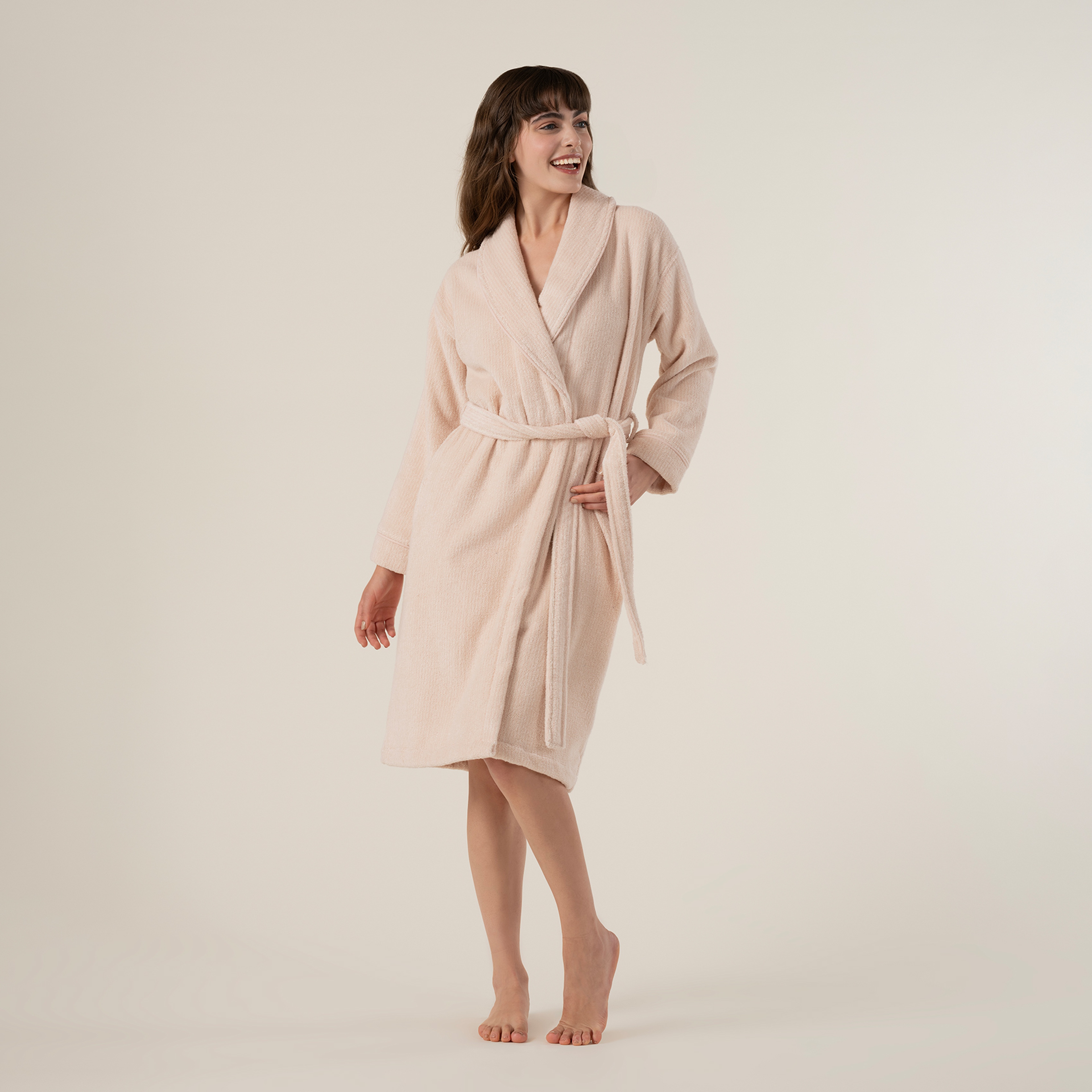 Solıd İplik Boyalı Çizgili Pamuk %100 Pamuk Bornoz Medıum Beden Natürel - Pembe