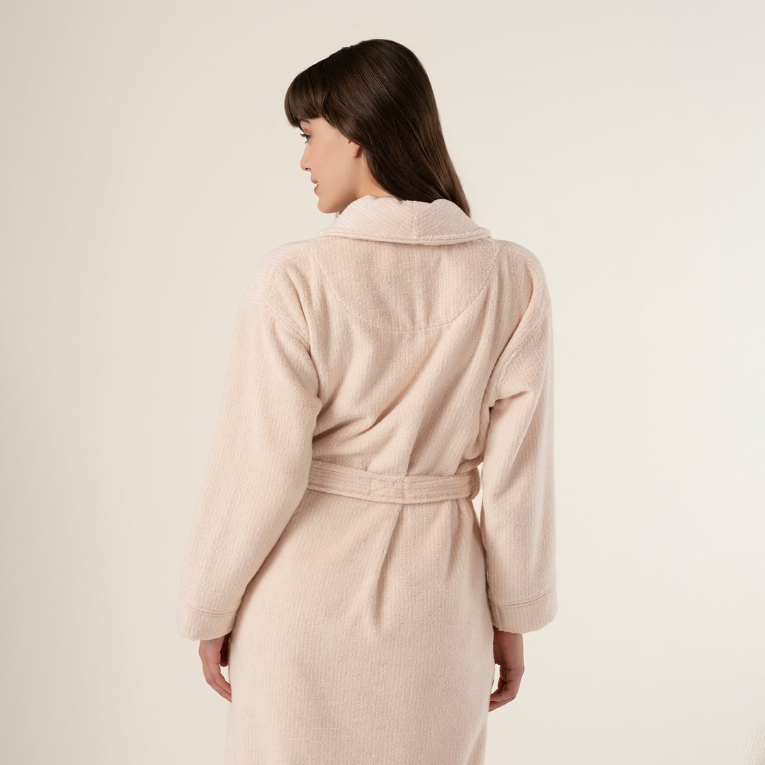 Solıd İplik Boyalı Çizgili Pamuk %100 Pamuk Bornoz Large Beden Natürel - Pembe