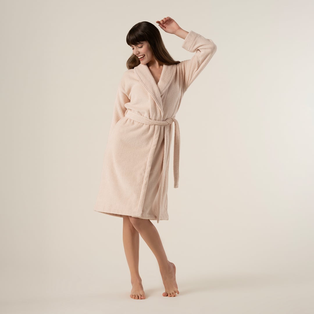 Solıd İplik Boyalı Çizgili Pamuk %100 Pamuk Bornoz Xlarge Beden Natürel-pembe