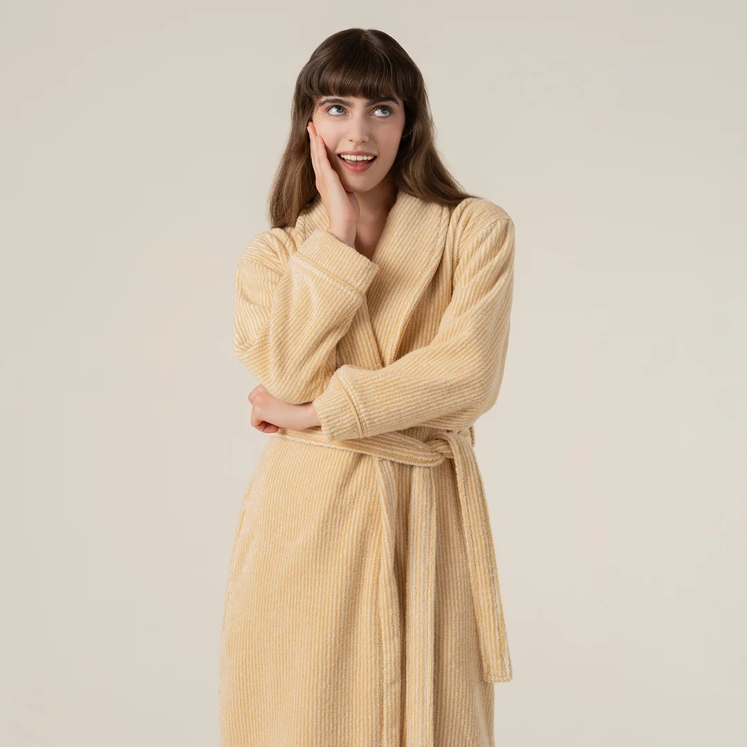 Solıd İplik Boyalı Çizgili Pamuk %100 Pamuk Bornoz Xlarge Beden Natürel/sarı