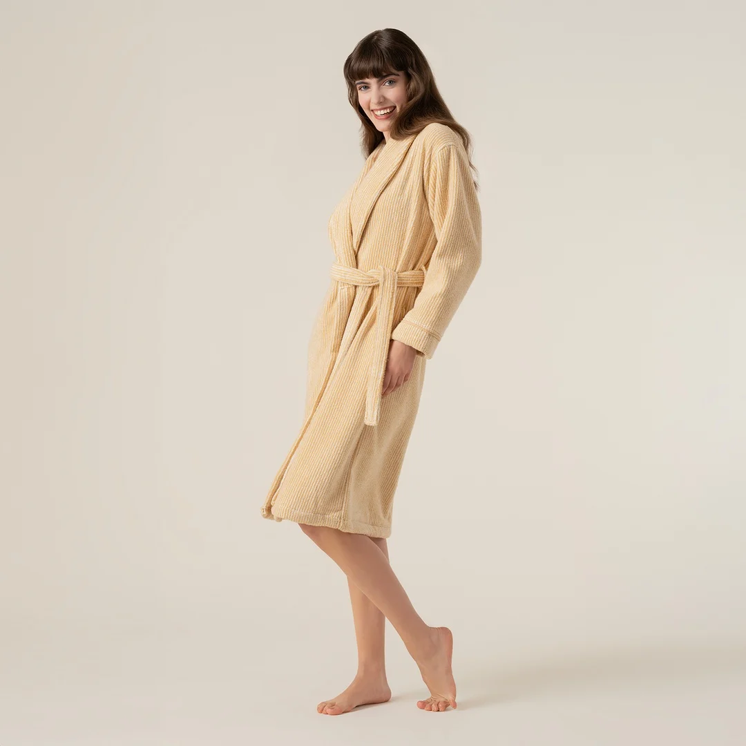 Solıd İplik Boyalı Çizgili Pamuk %100 Pamuk Bornoz Xlarge Beden Natürel/sarı