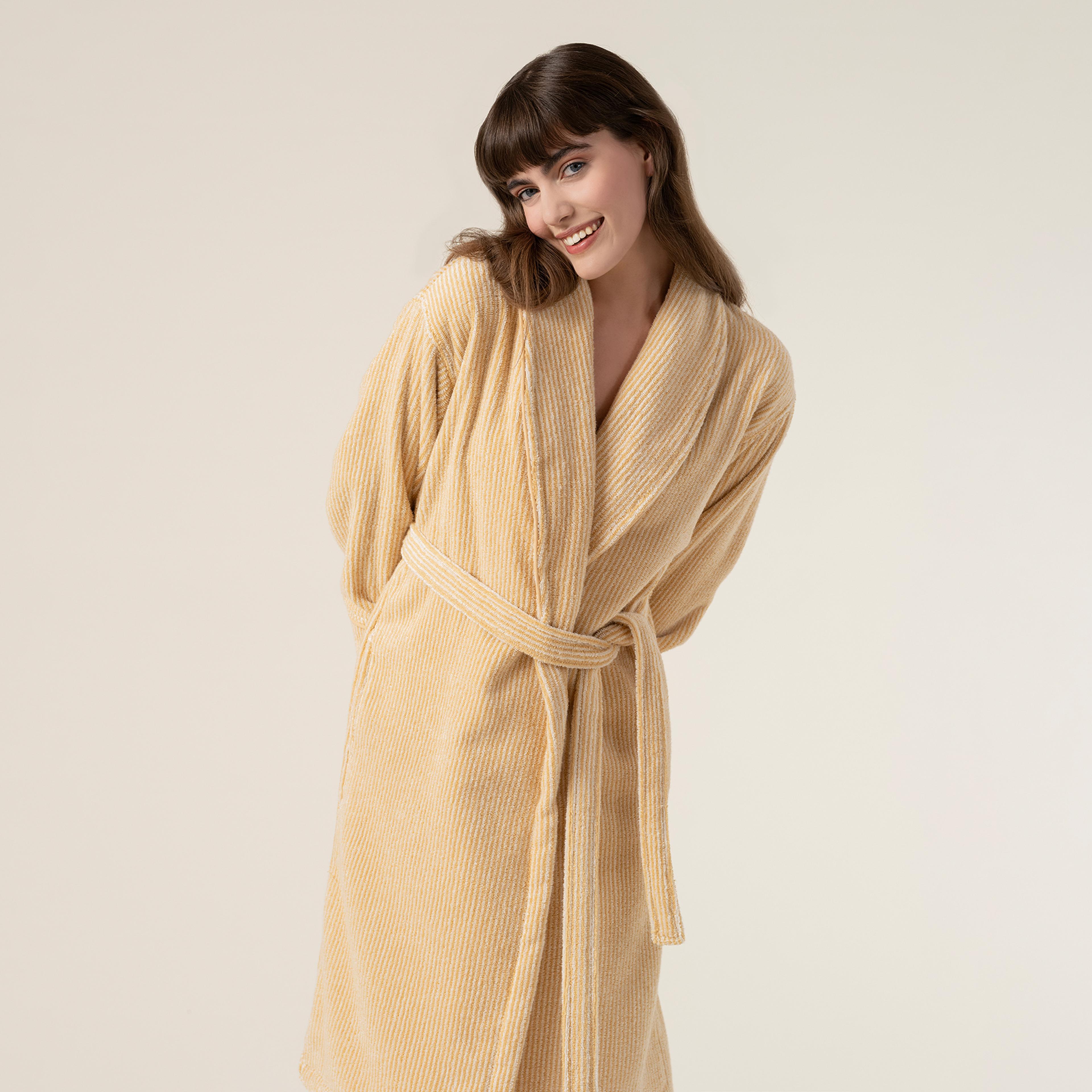 Solıd İplik Boyalı Çizgili Pamuk %100 Pamuk Bornoz Medıum Beden Natürel - Sarı