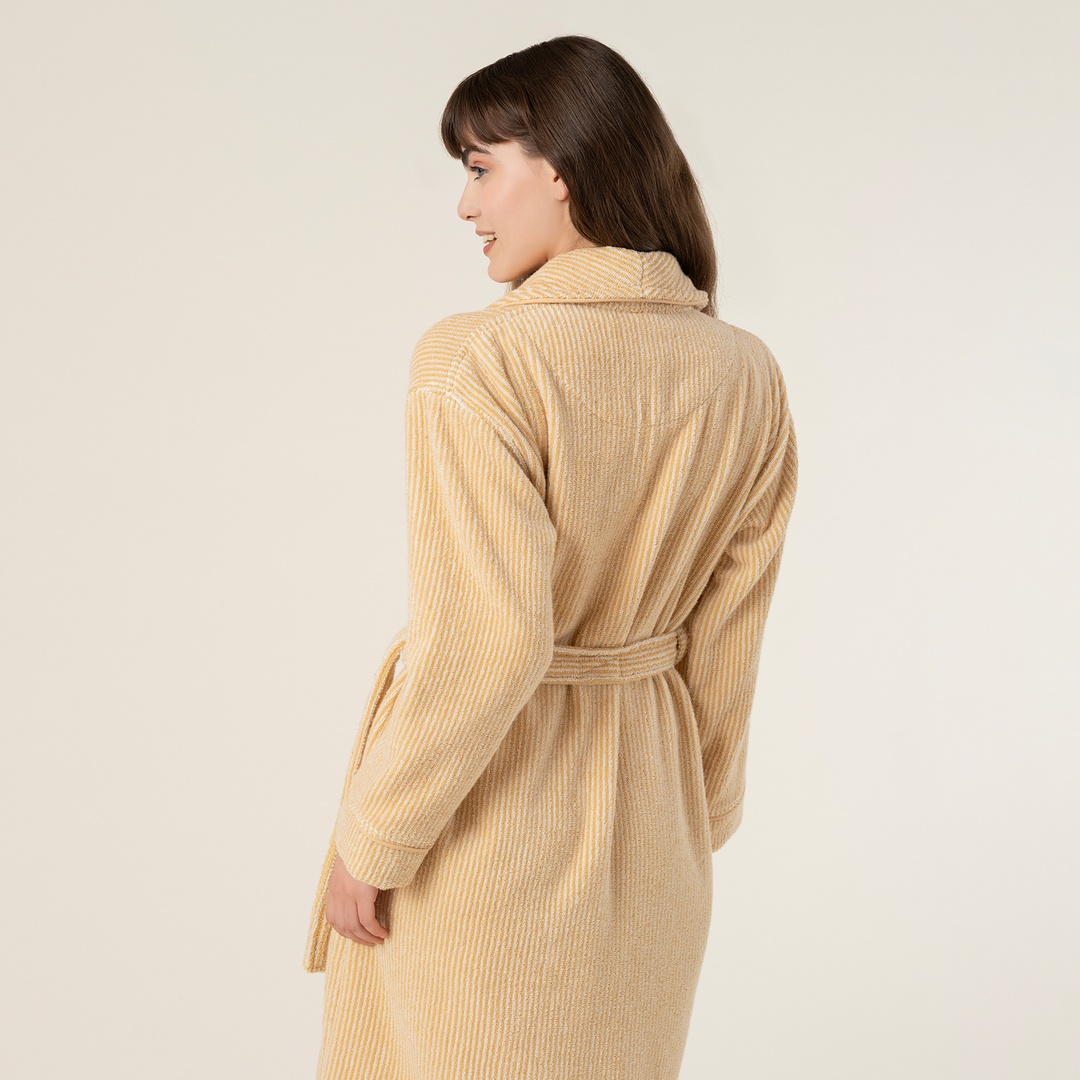 Solıd İplik Boyalı Çizgili Pamuk %100 Pamuk Bornoz Medıum Beden Natürel - Sarı