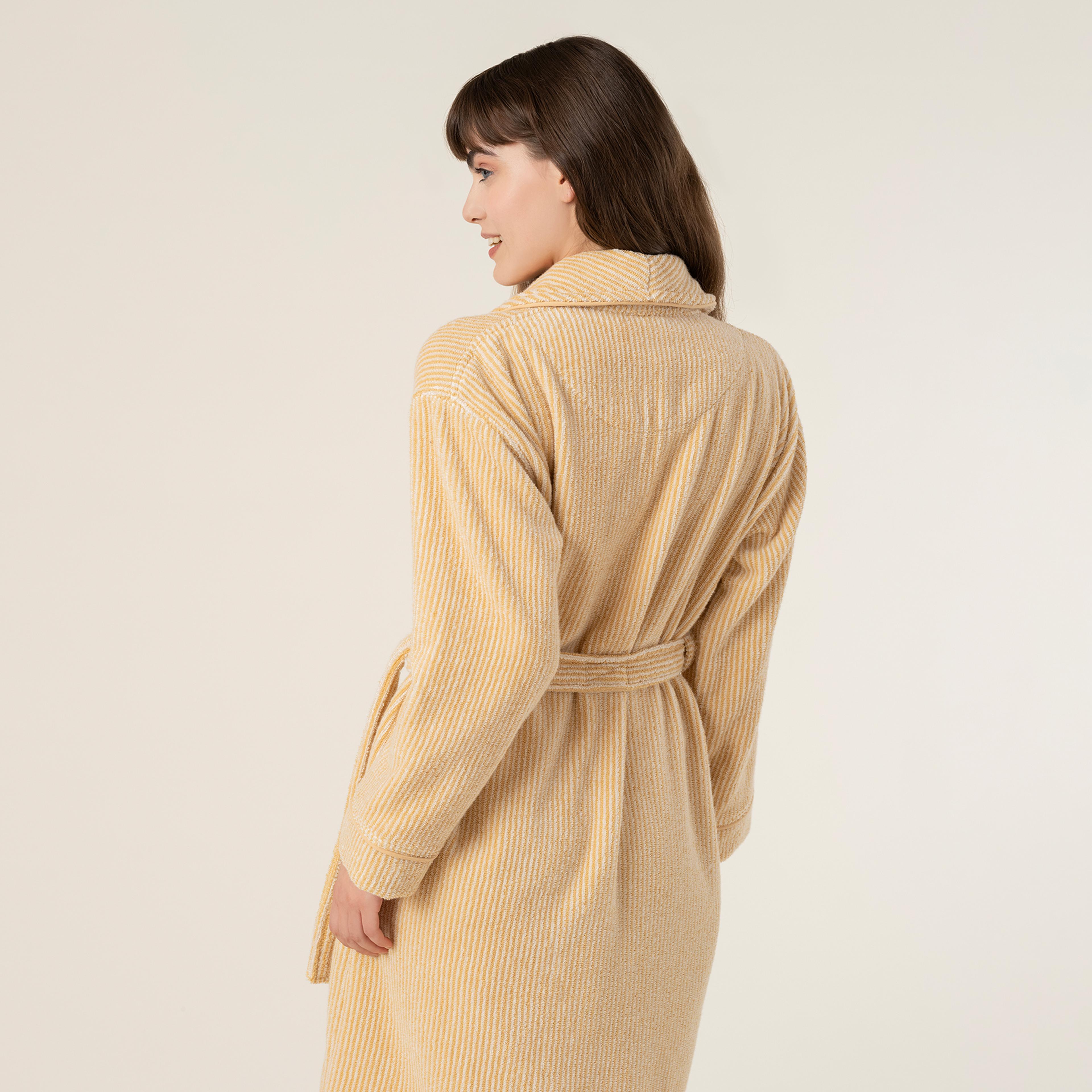 Solıd İplik Boyalı Çizgili Pamuk %100 Pamuk Bornoz Medıum Beden Natürel - Sarı