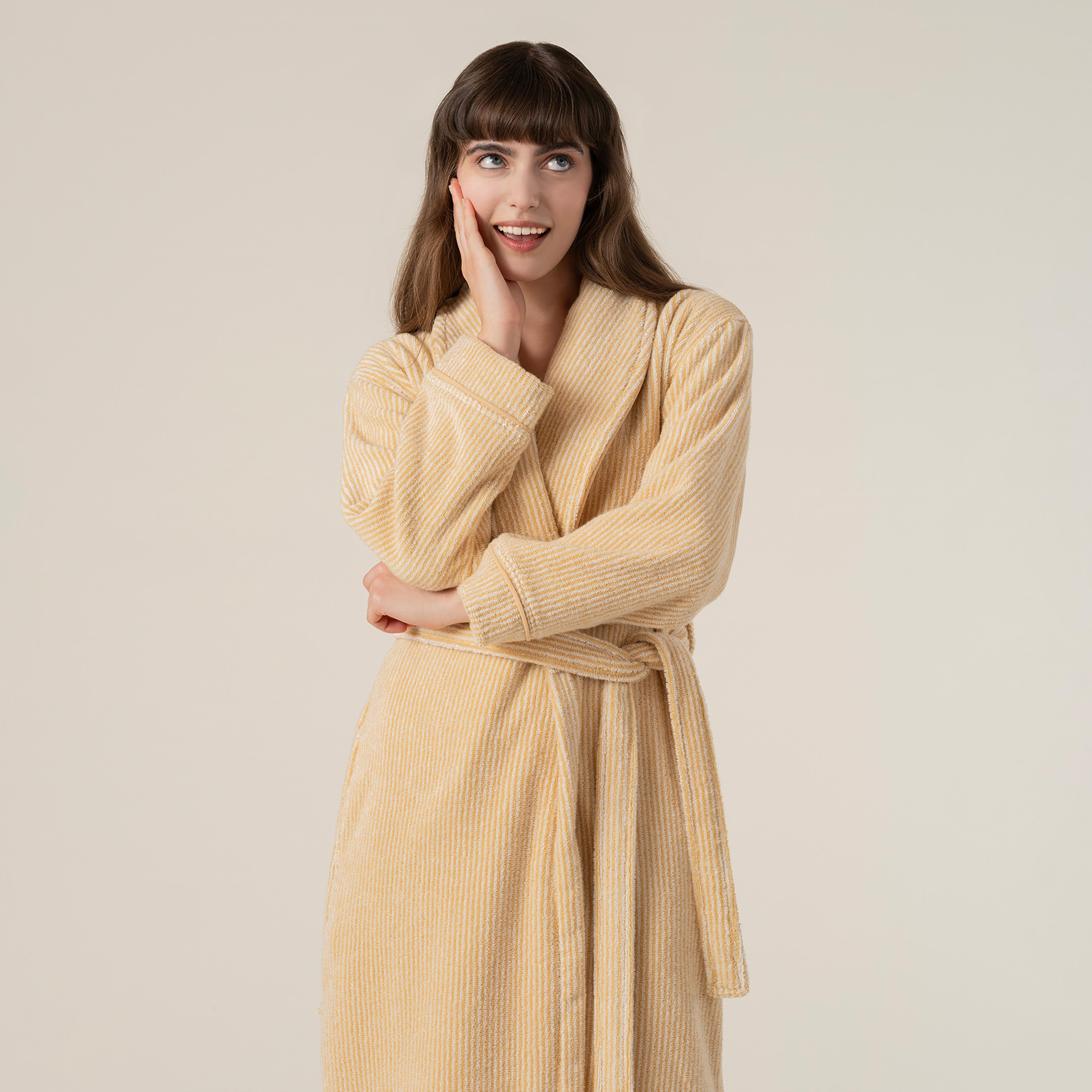 Solıd İplik Boyalı Çizgili Pamuk %100 Pamuk Bornoz Medıum Beden Natürel - Sarı