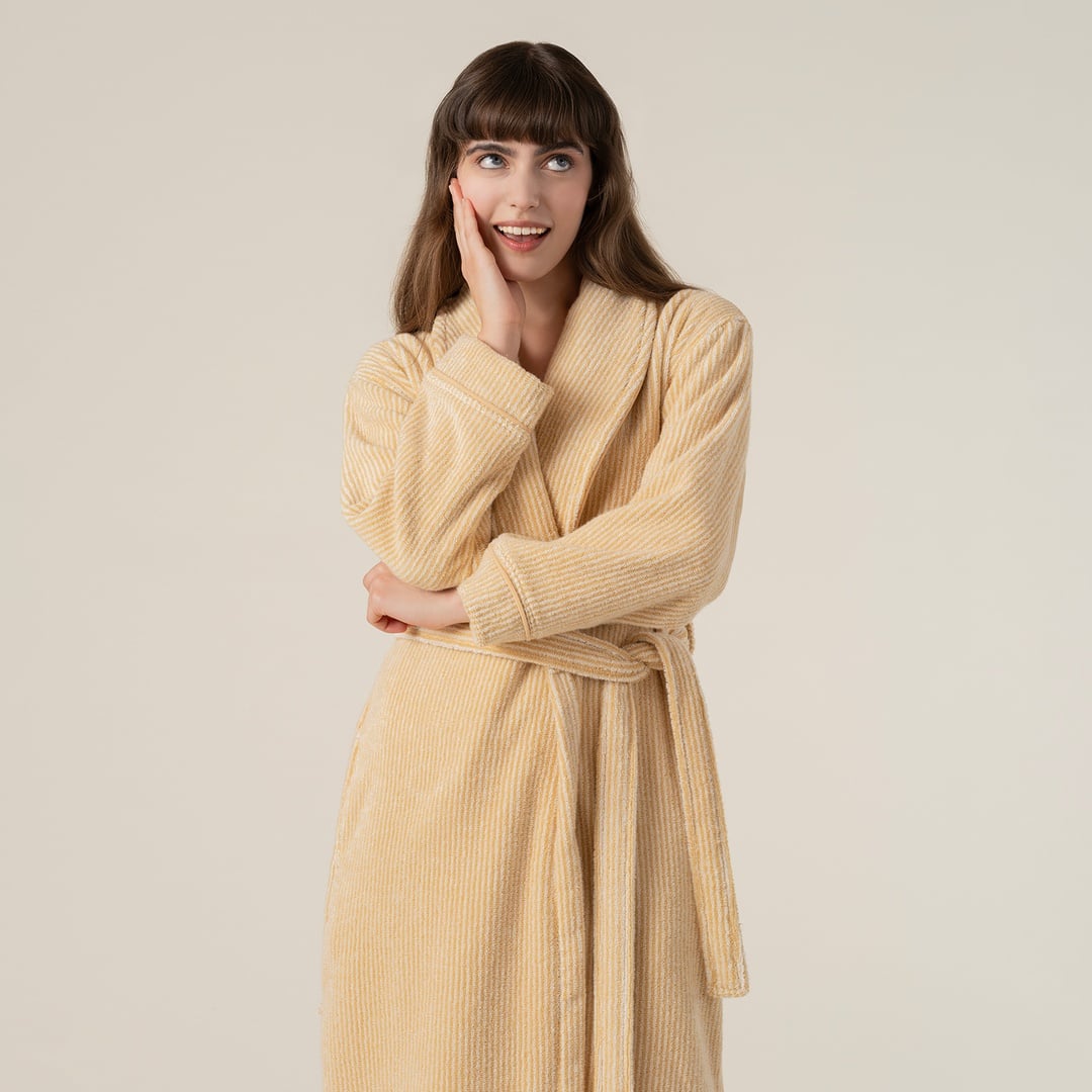 Solıd İplik Boyalı Çizgili Pamuk %100 Pamuk Bornoz Large Beden Natürel - Sarı