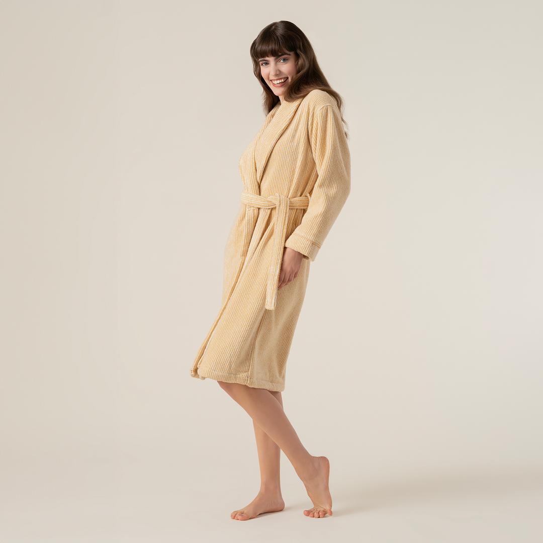 Solıd İplik Boyalı Çizgili Pamuk %100 Pamuk Bornoz Small Beden Natürel - Sarı