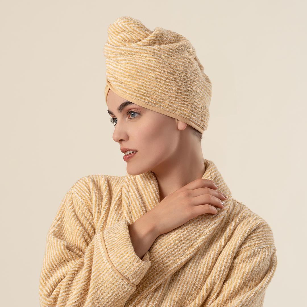 Solıd İplik Boyalı Çizgili Pamuk %100 Pamuk Saç Havlusu Standart Beden Natürel - Sarı