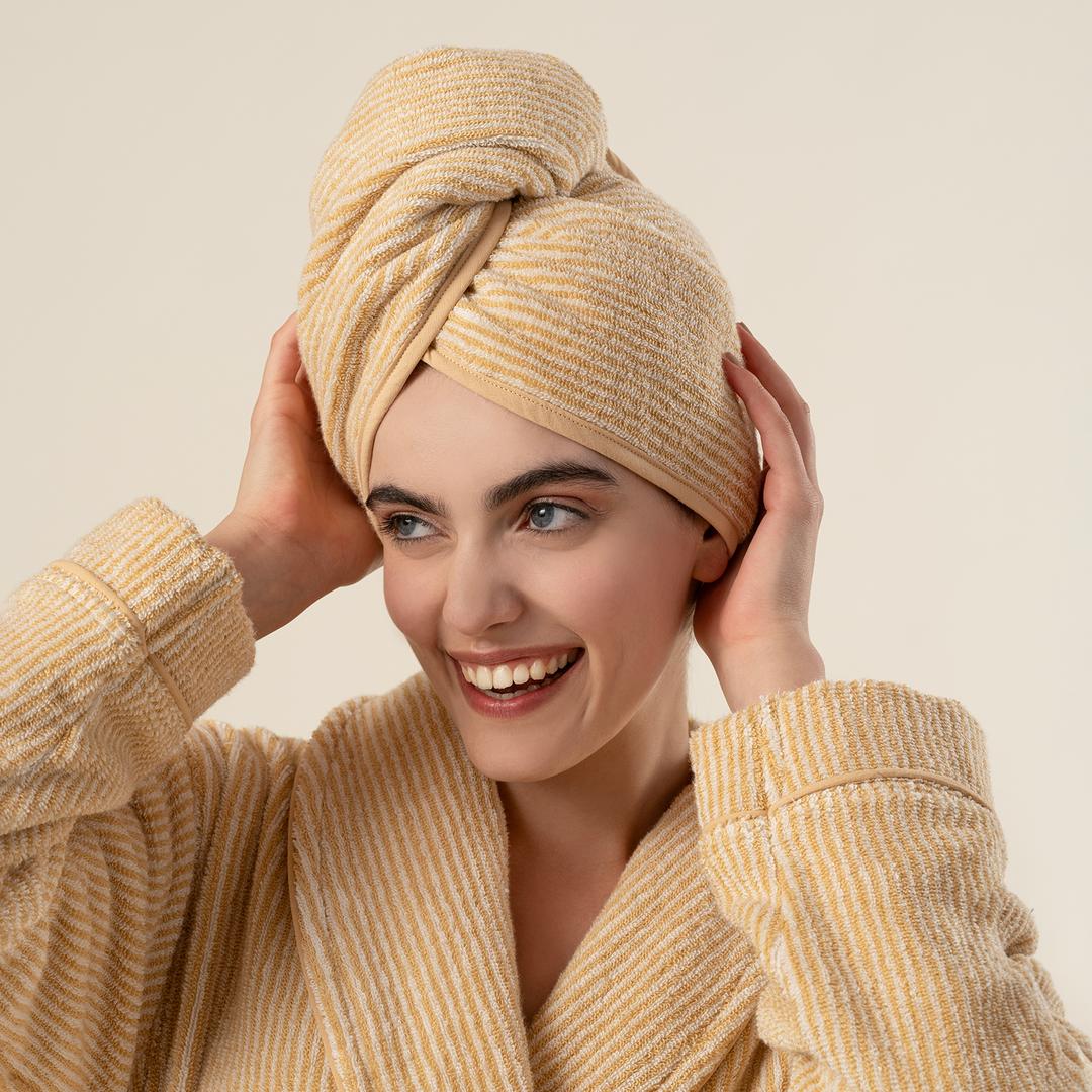 Solıd İplik Boyalı Çizgili Pamuk %100 Pamuk Saç Havlusu Standart Beden Natürel - Sarı