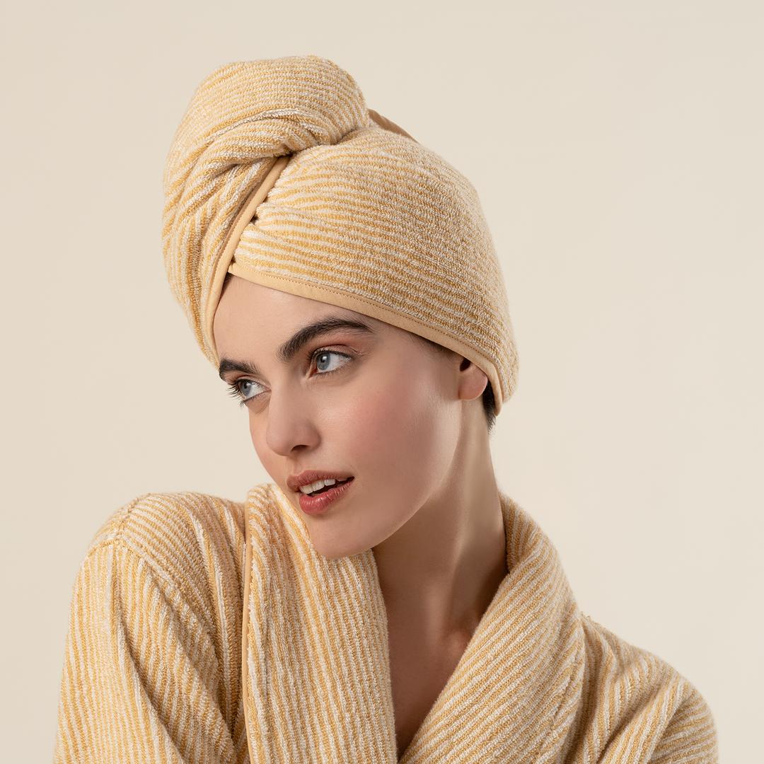 Solıd İplik Boyalı Çizgili Pamuk %100 Pamuk Saç Havlusu Standart Beden Natürel - Sarı
