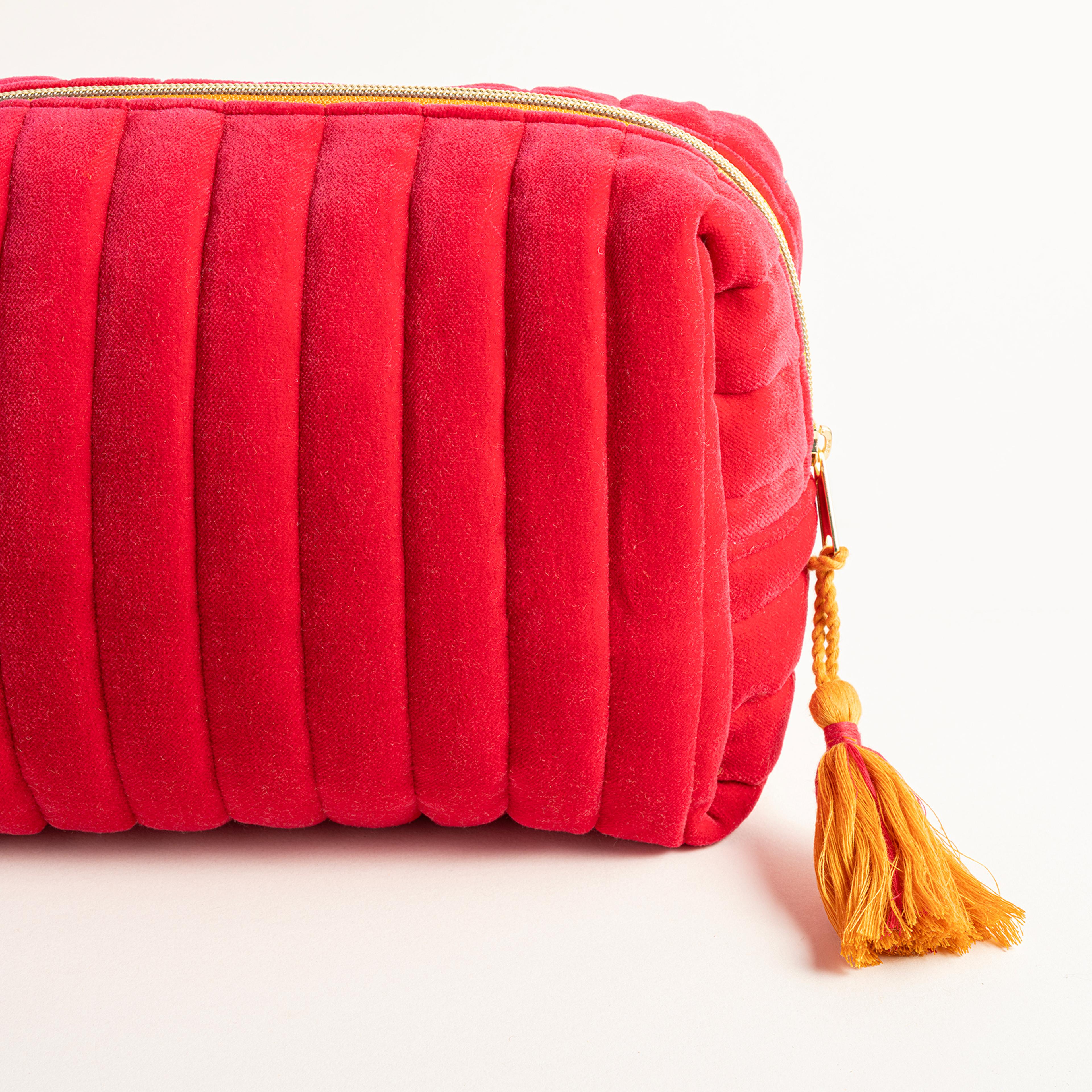 Delhı Kadife Büyük Boy %100 Pamuk Makyaj Çantası 25x16x10 Cm Fuşya