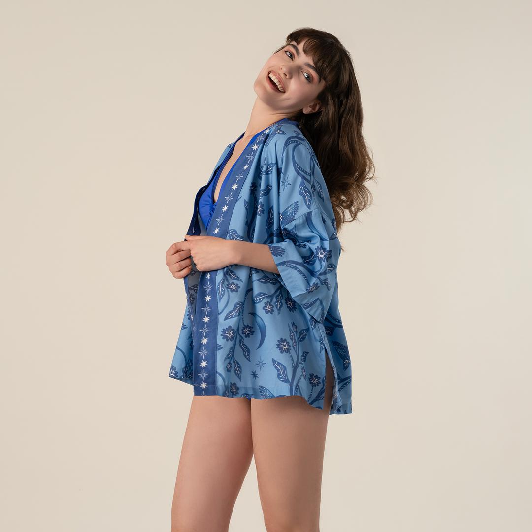 Baklan Baskılı Pamuk Modal Pamuk Modal Kimono - Mavi