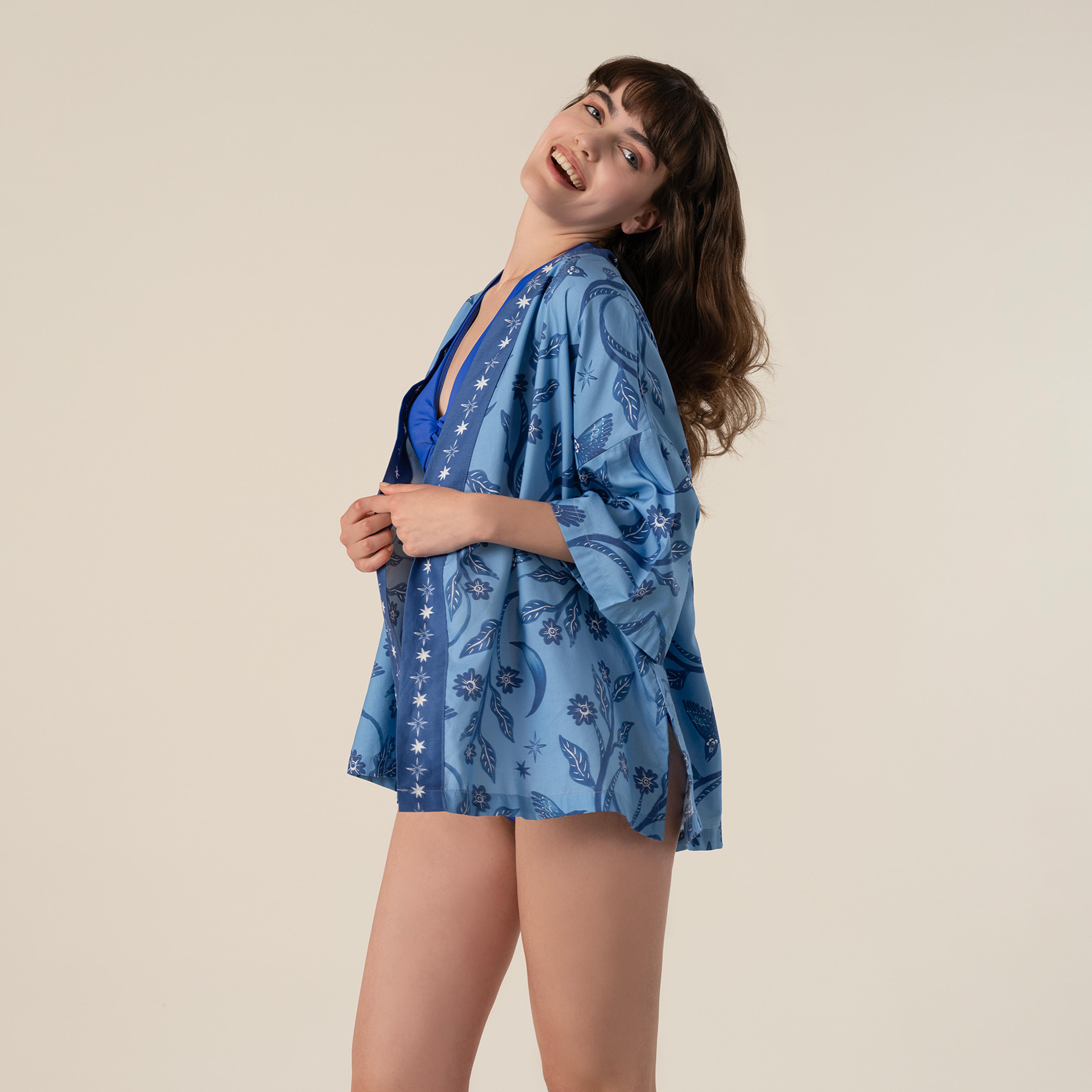 Baklan Baskılı Pamuk Modal Pamuk Modal Kimono - Mavi