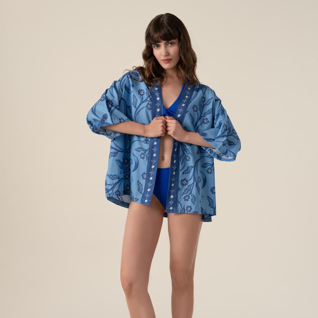 Baklan Baskılı Pamuk Modal Pamuk Modal Kimono - Mavi
