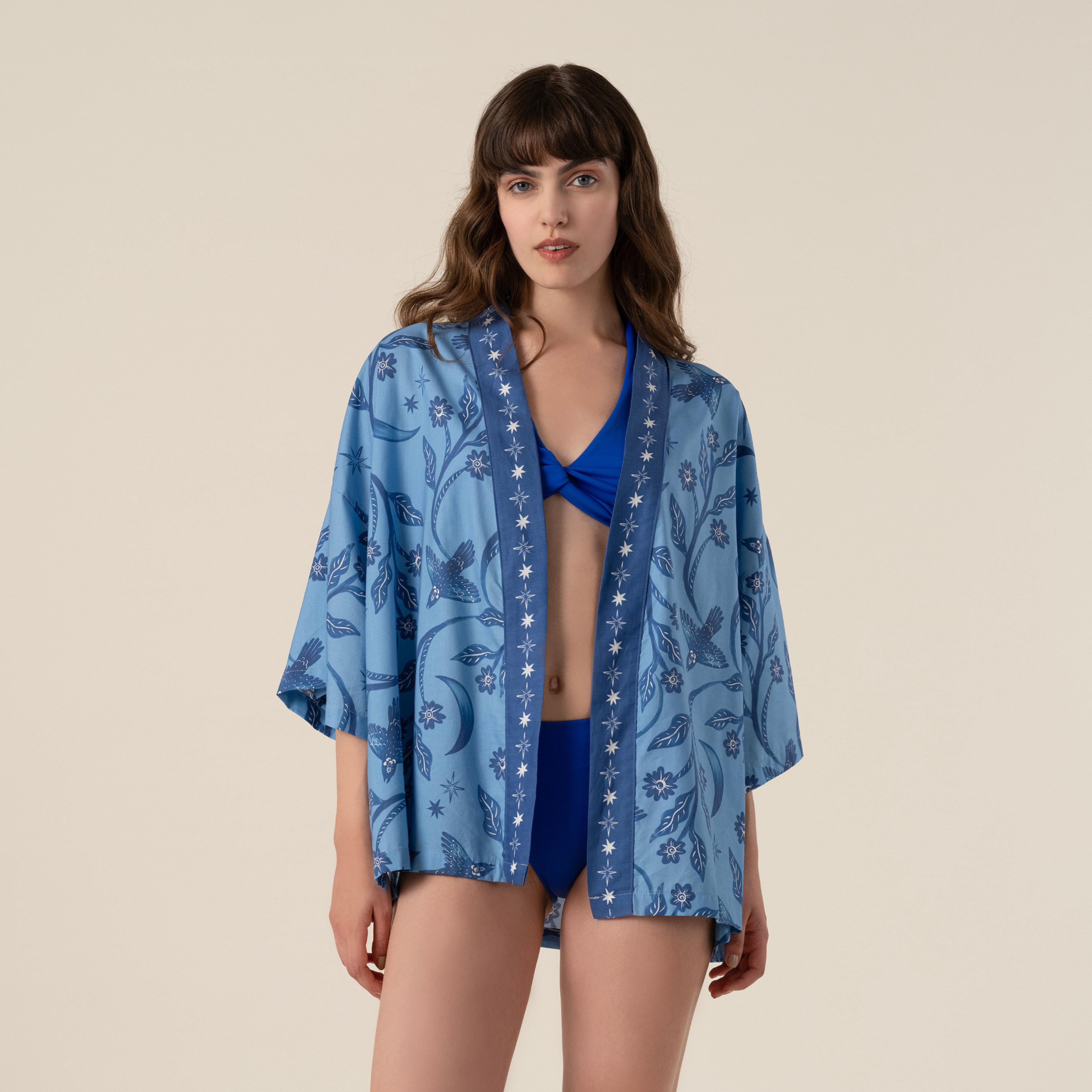 Baklan Baskılı Pamuk Modal Pamuk Modal Kimono - Mavi