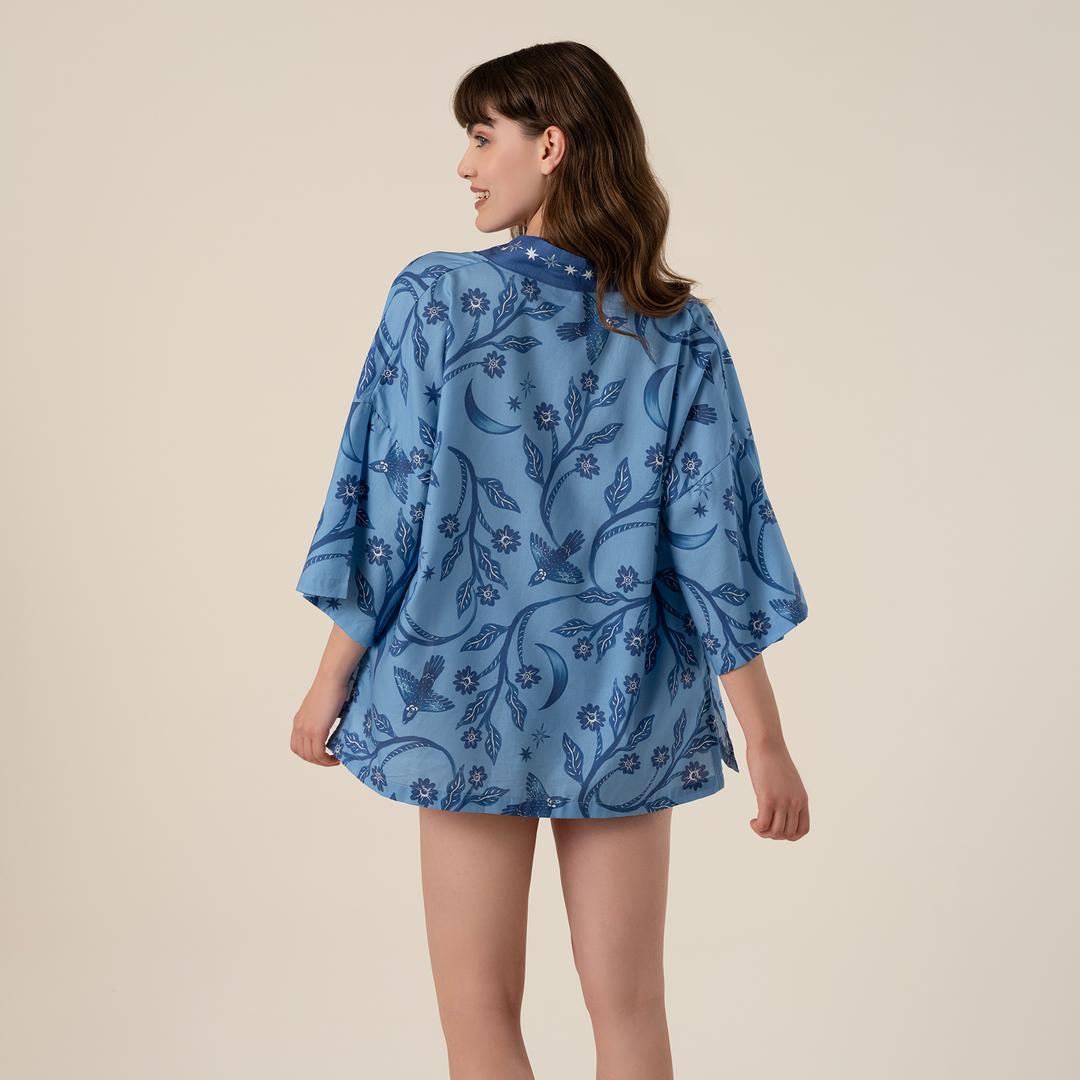 Baklan Baskılı Pamuk Modal Pamuk Modal Kimono - Mavi