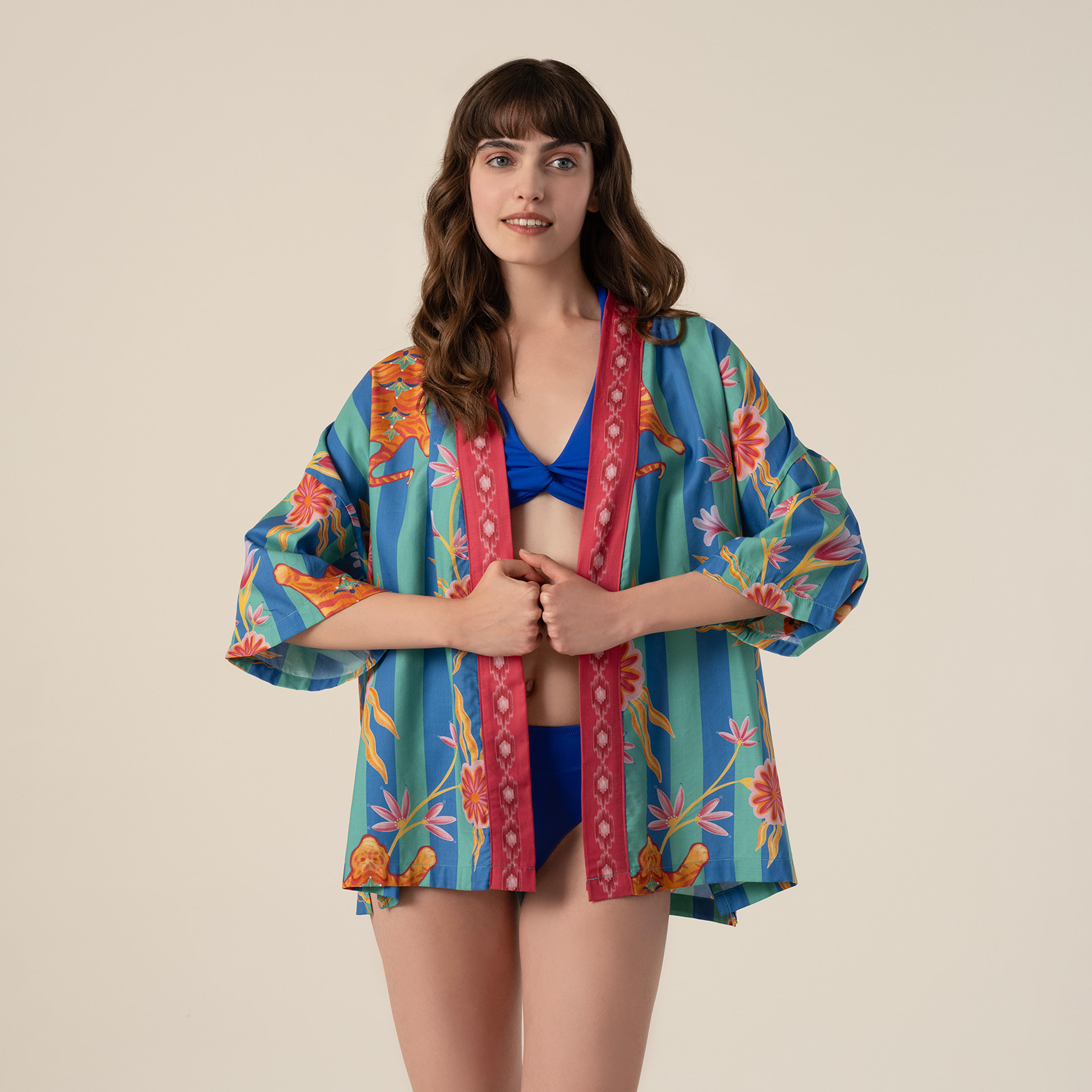 Baklan Baskılı Pamuk Modal Kimono - Yeşil